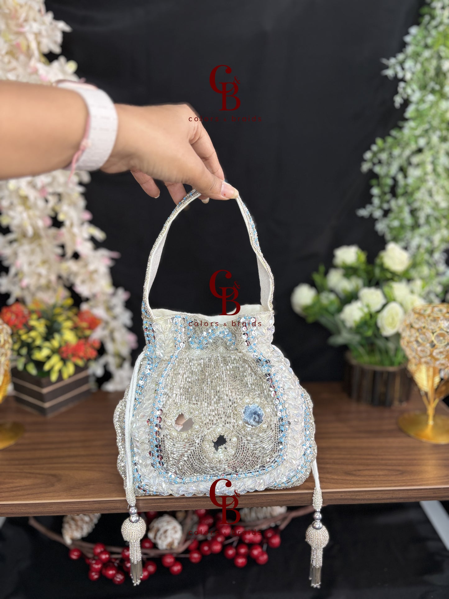 Raaya Handcrafted Crystal, Cutdana & Mirror Work Velvet Potli Bag