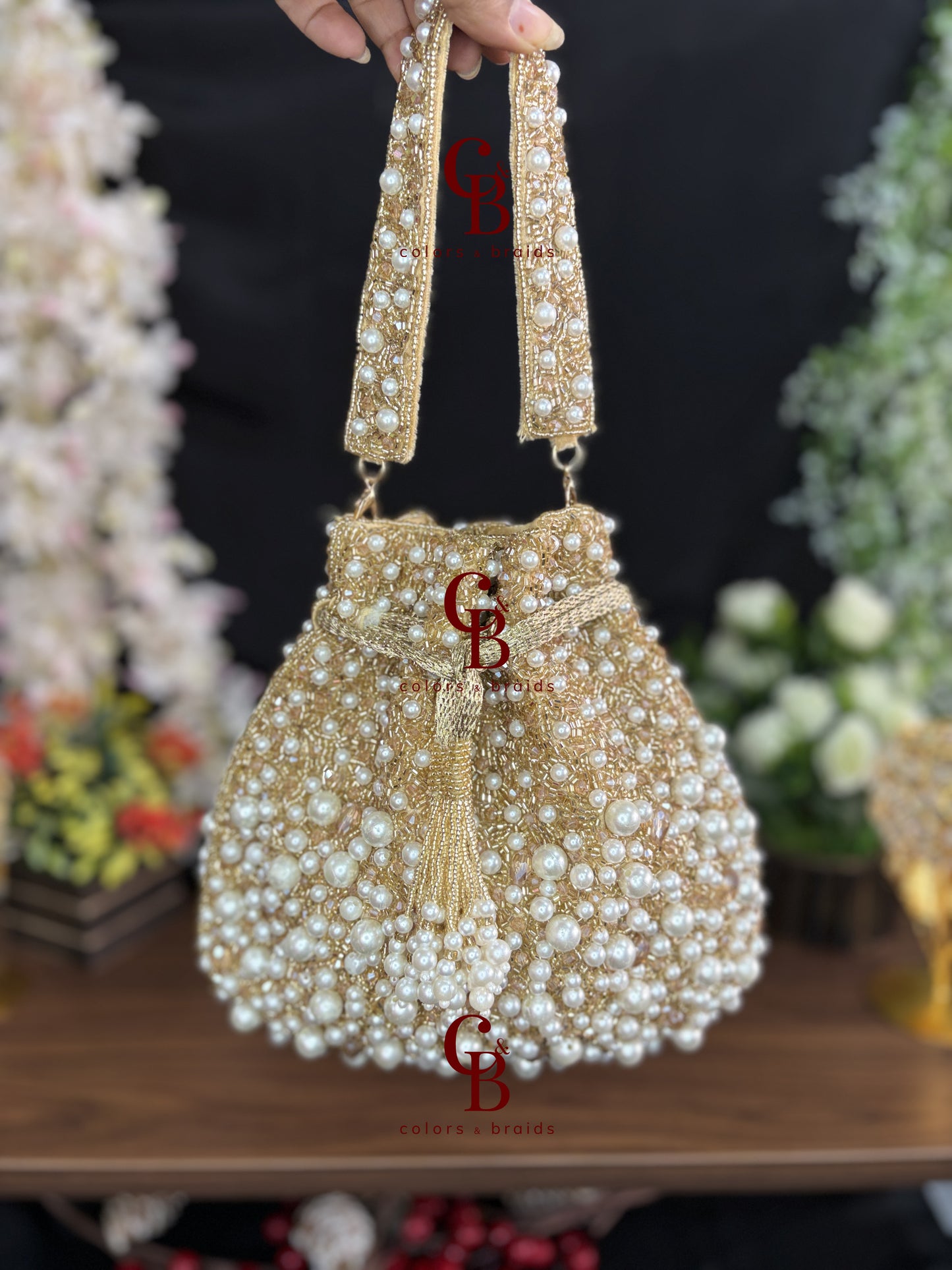 Luxury handcrafted pearl drawstring potli