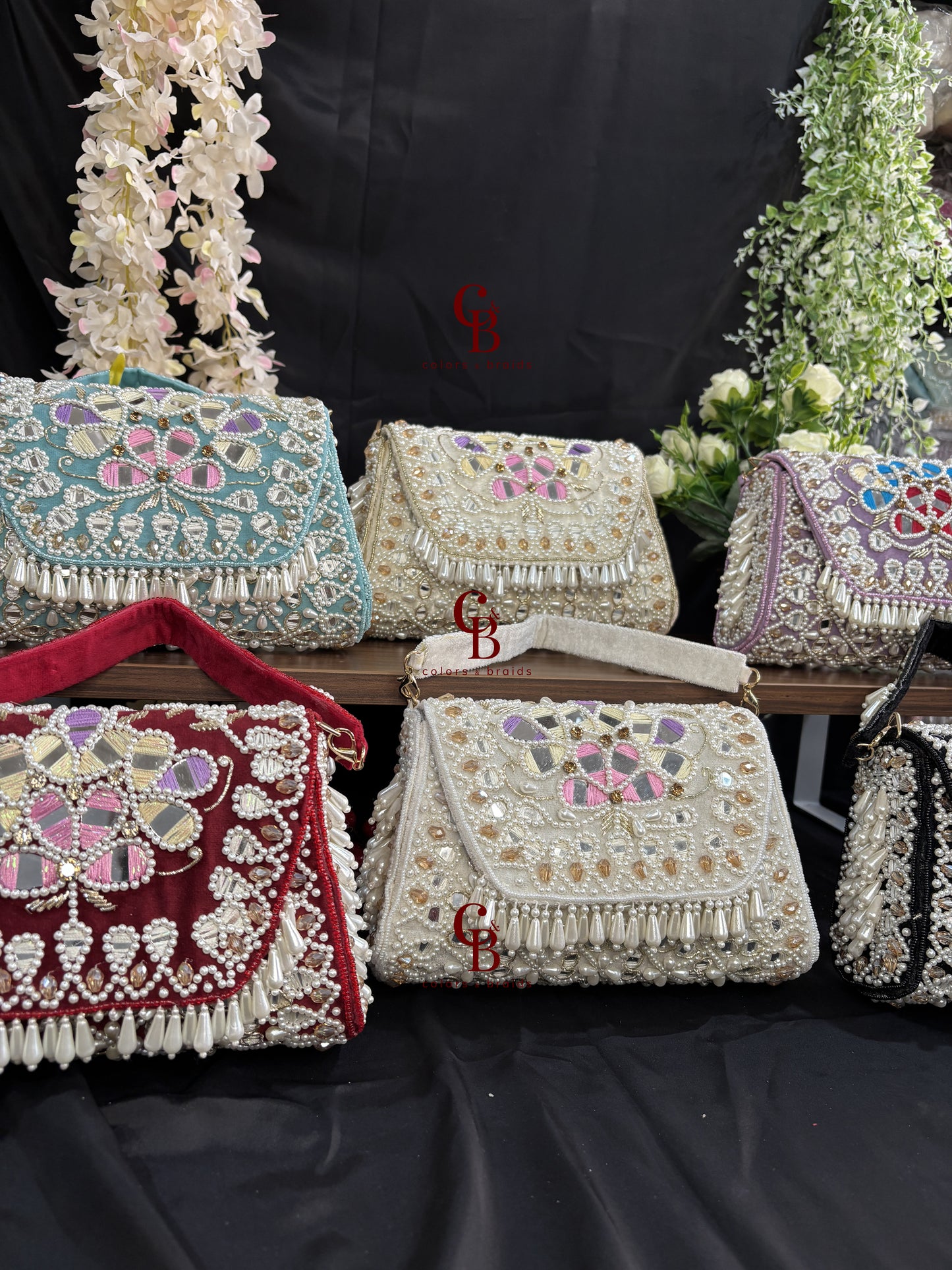 Handcrafted Mirror and Pearl Embellished Party Sling Bag