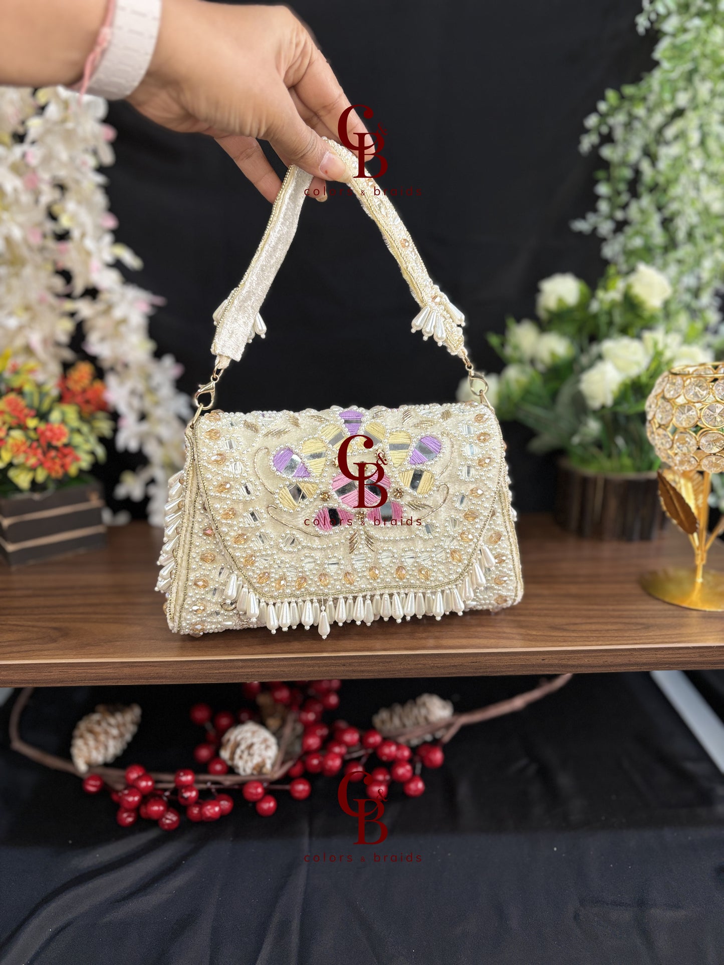 Handcrafted Mirror and Pearl Embellished Party Sling Bag
