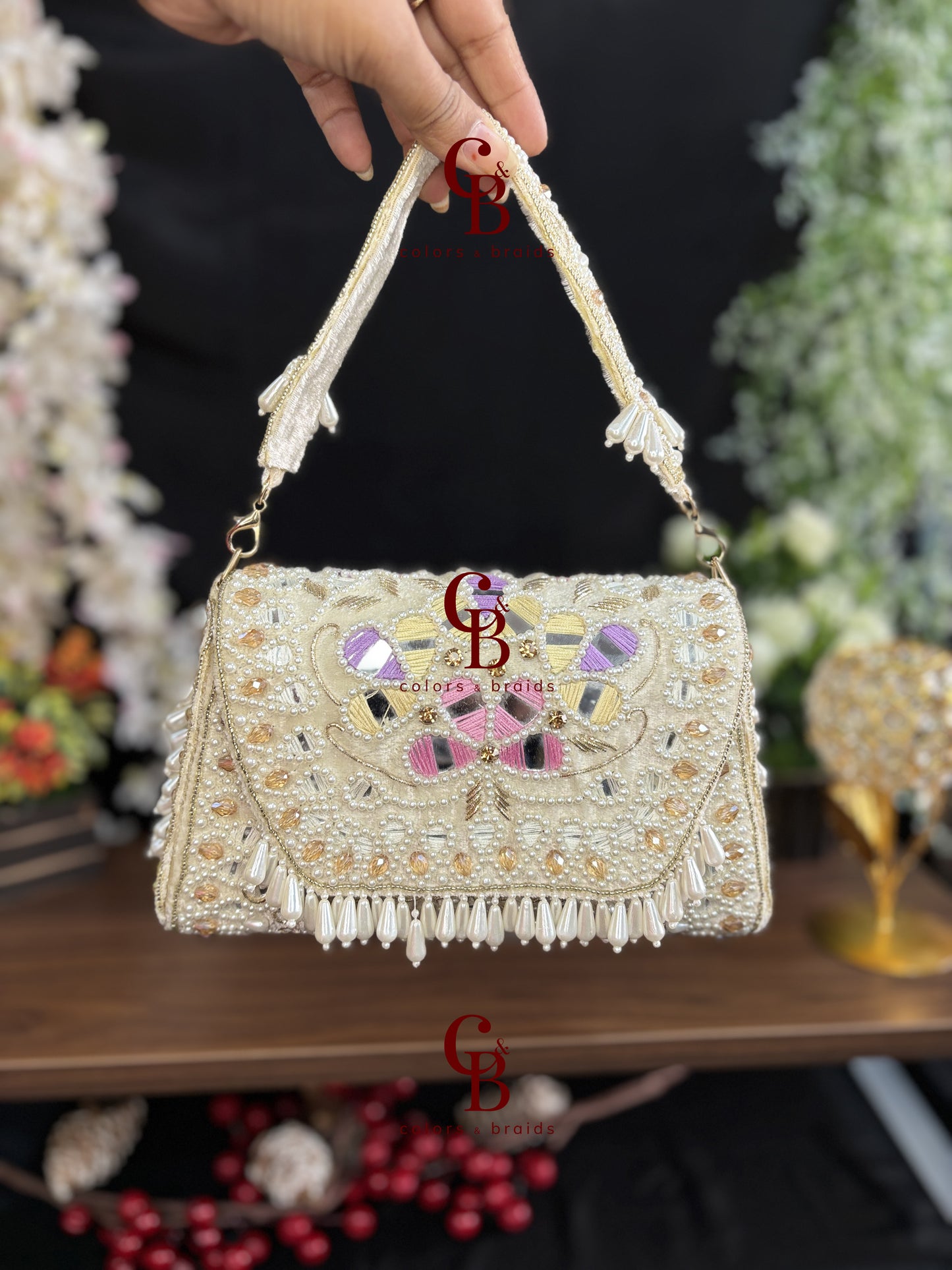 Handcrafted Mirror and Pearl Embellished Party Sling Bag