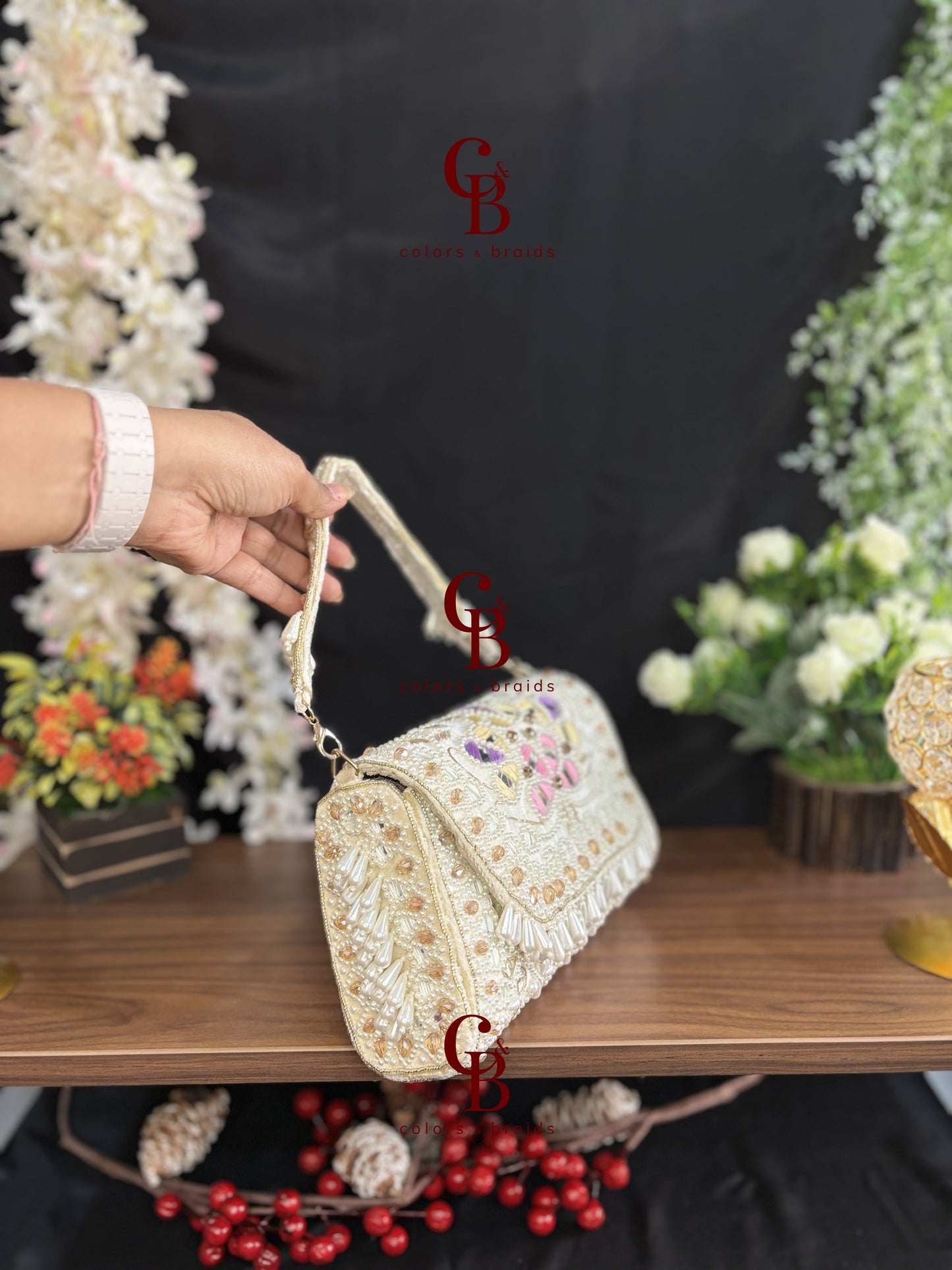Handcrafted Mirror and Pearl Embellished Party Sling Bag
