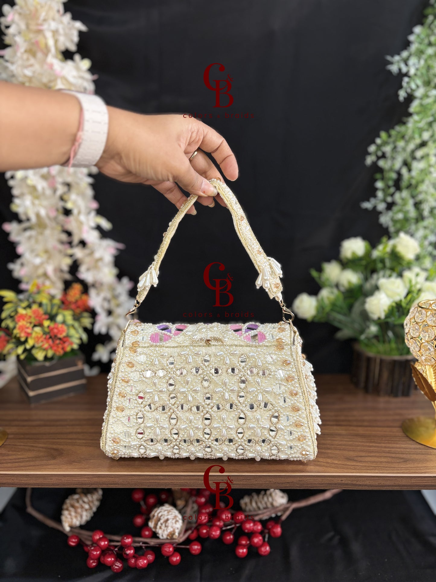 Handcrafted Mirror and Pearl Embellished Party Sling Bag