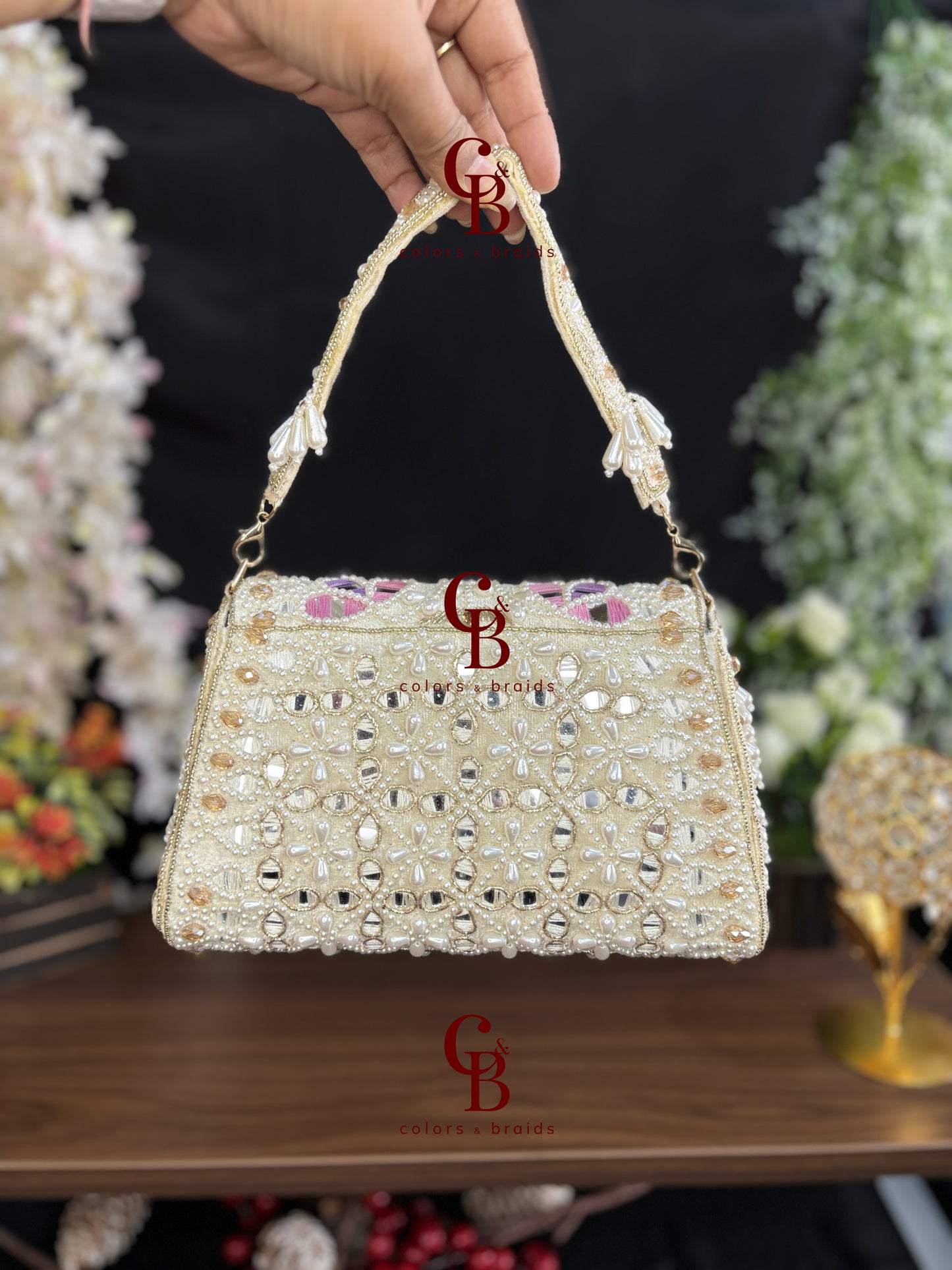 Handcrafted Mirror and Pearl Embellished Party Sling Bag
