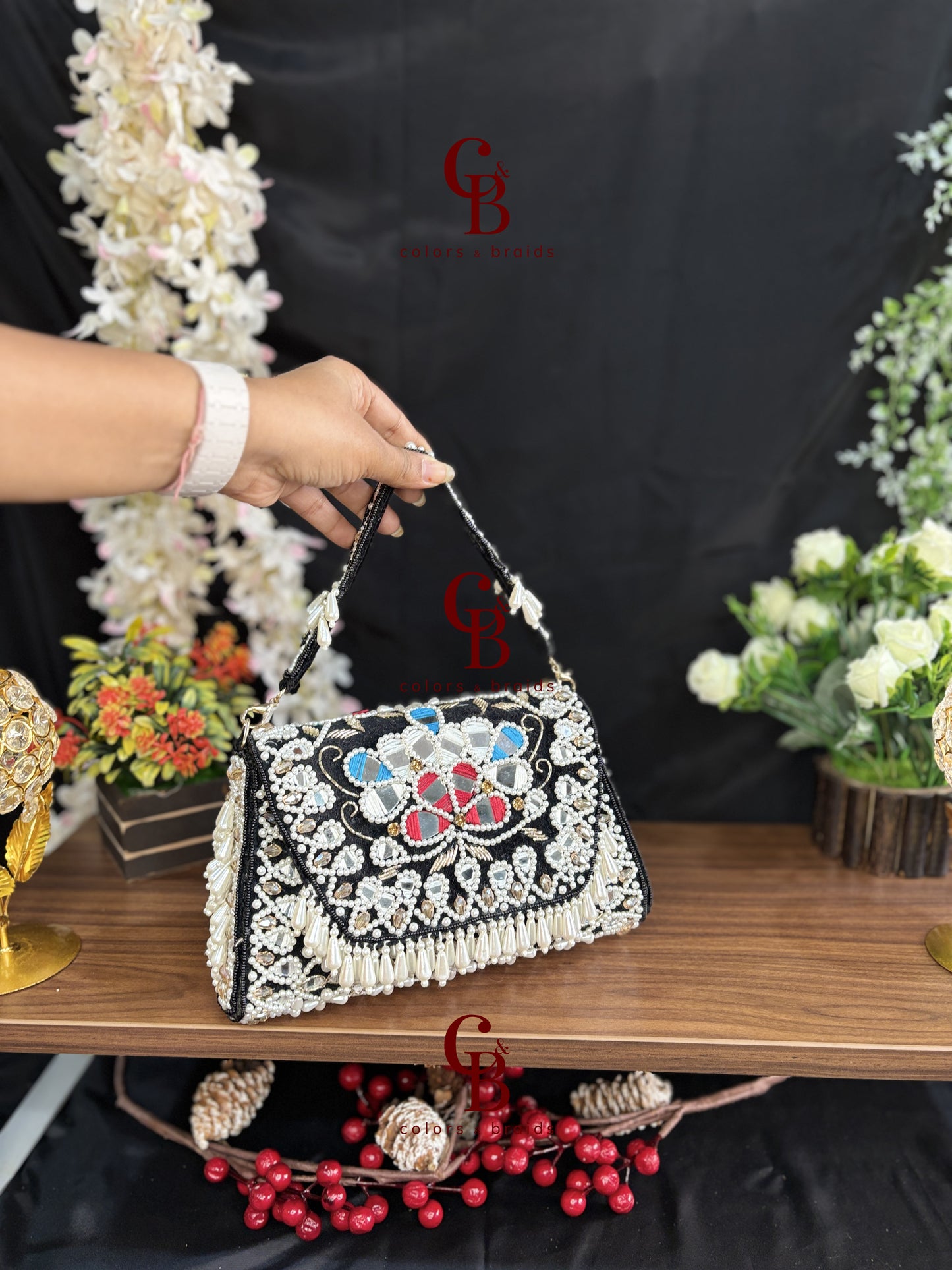 Handcrafted Mirror and Pearl Embellished Party Sling Bag