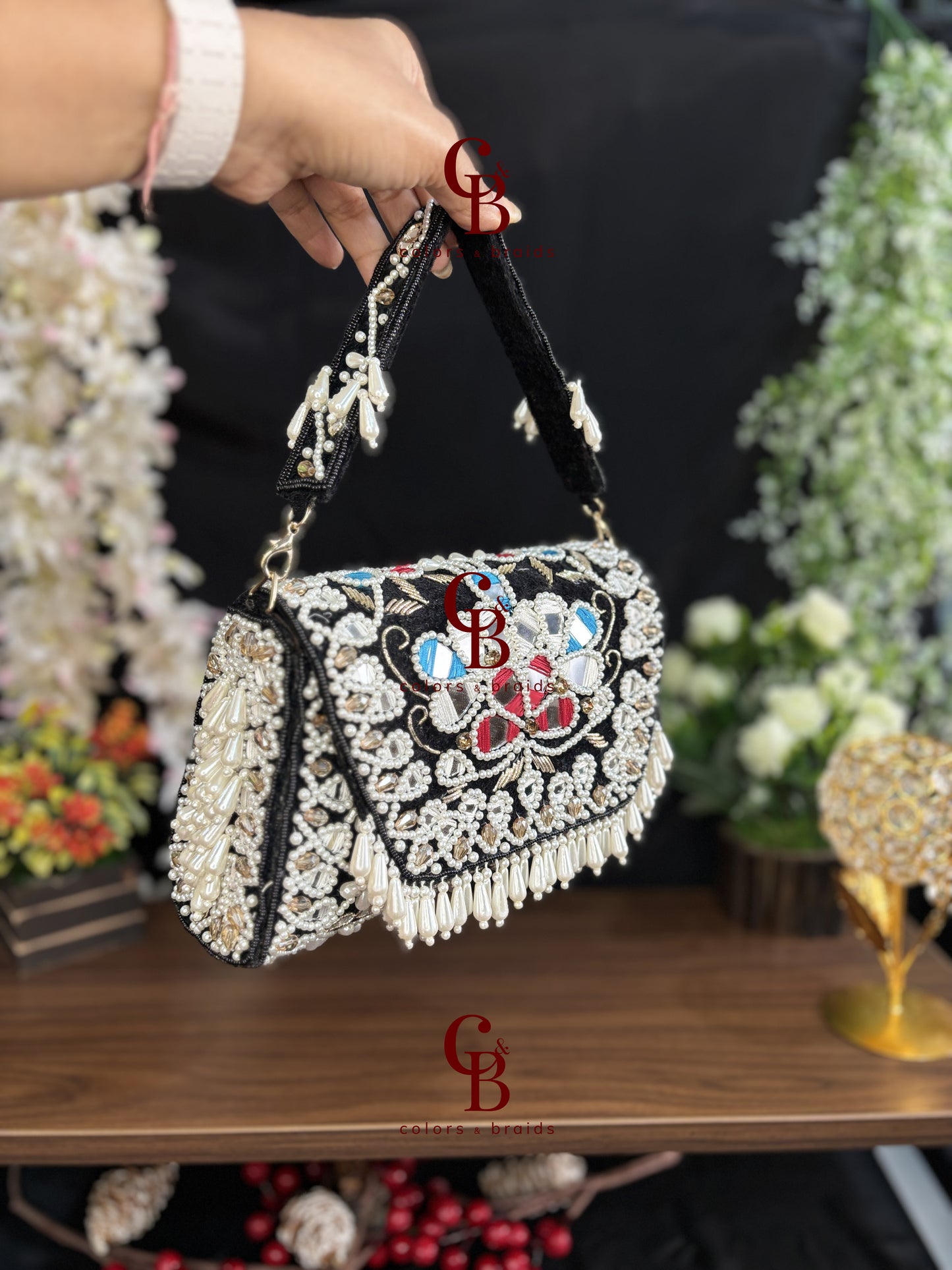 Handcrafted Mirror and Pearl Embellished Party Sling Bag