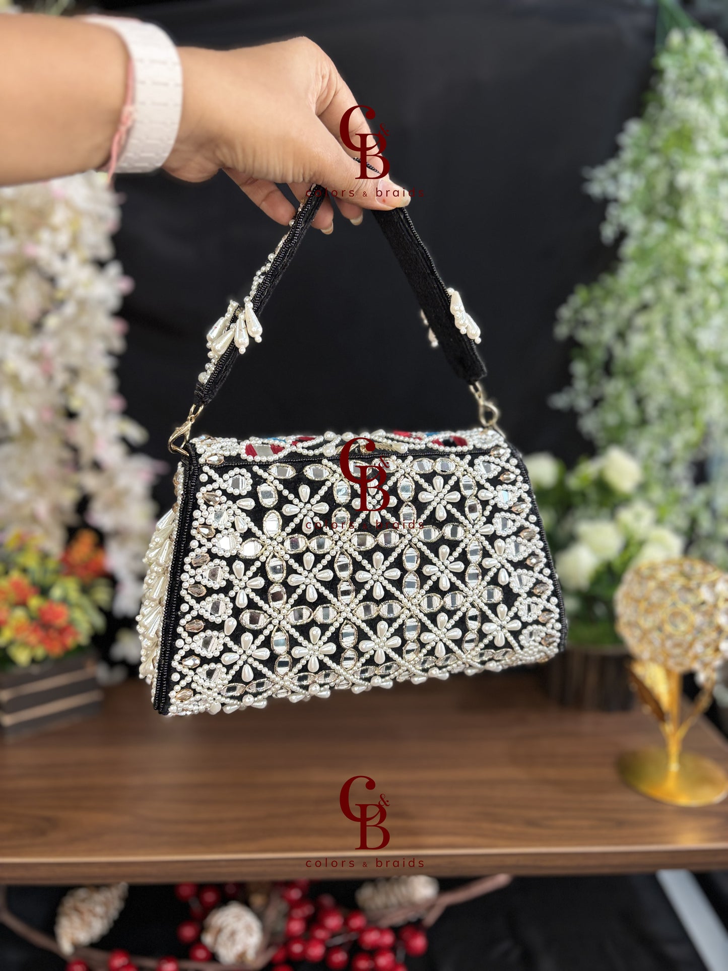 Handcrafted Mirror and Pearl Embellished Party Sling Bag