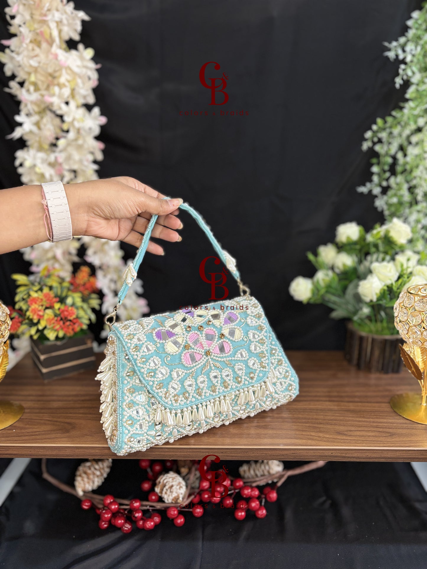 Handcrafted Mirror and Pearl Embellished Party Sling Bag