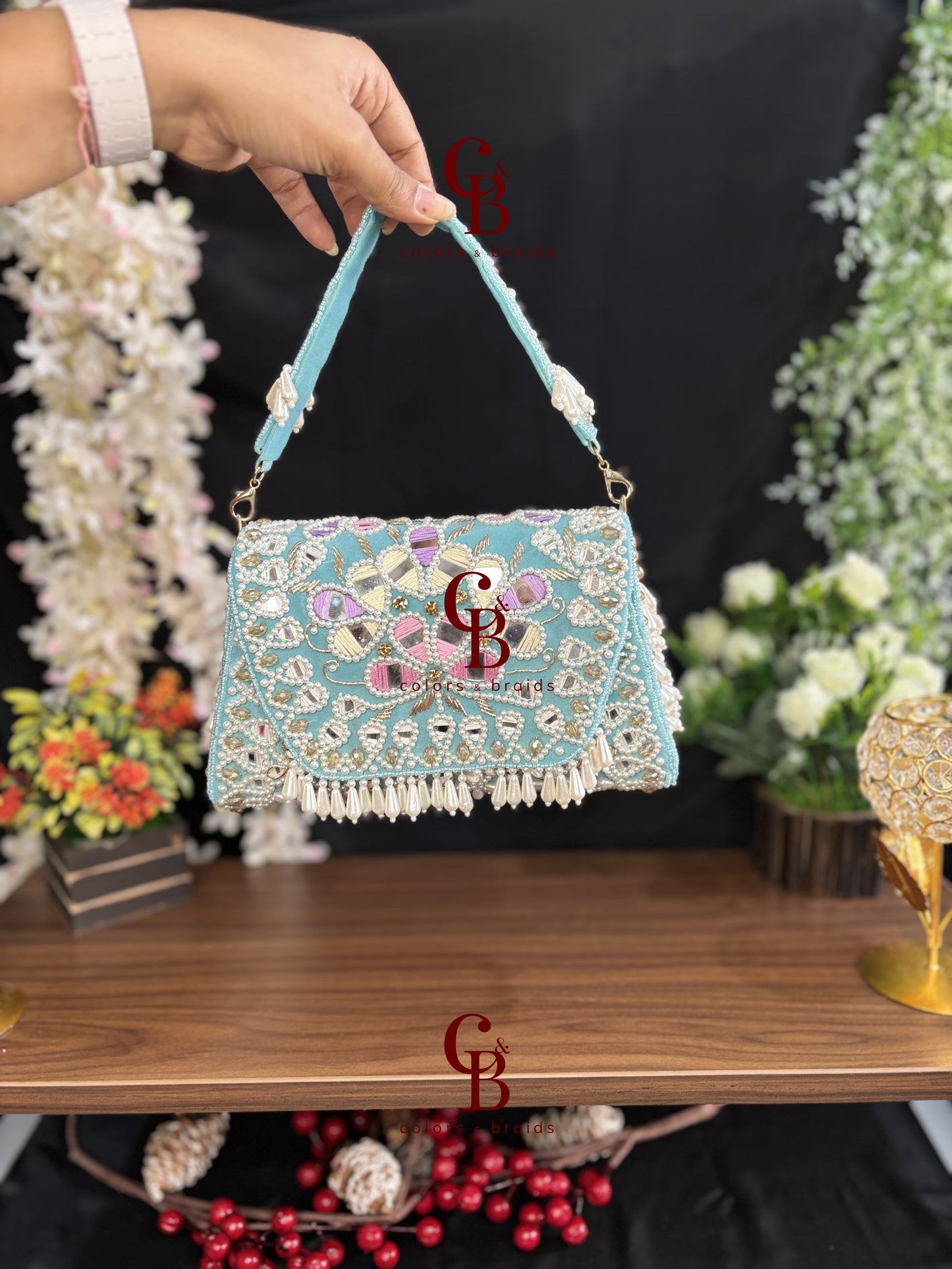 Handcrafted Mirror and Pearl Embellished Party Sling Bag