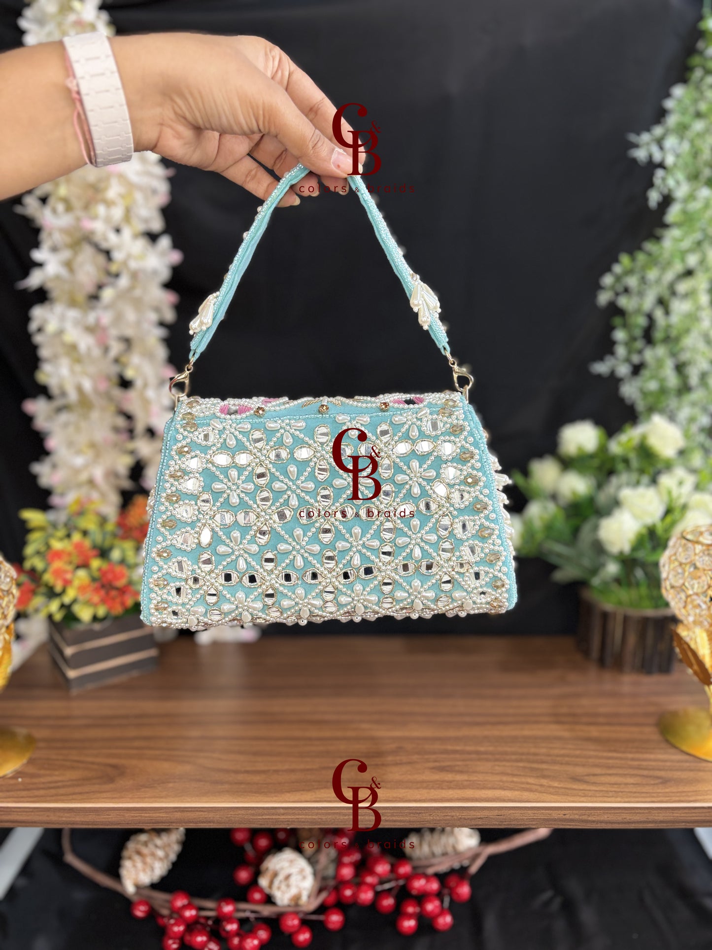Handcrafted Mirror and Pearl Embellished Party Sling Bag