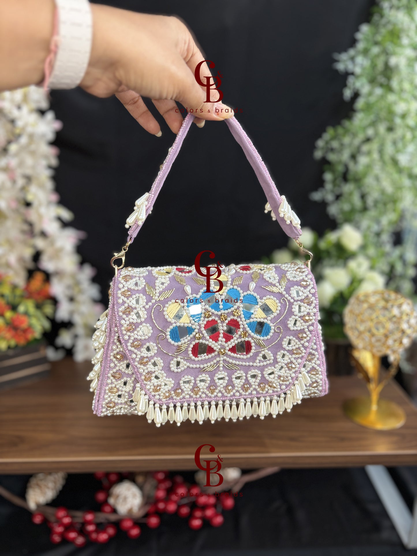 Handcrafted Mirror and Pearl Embellished Party Sling Bag