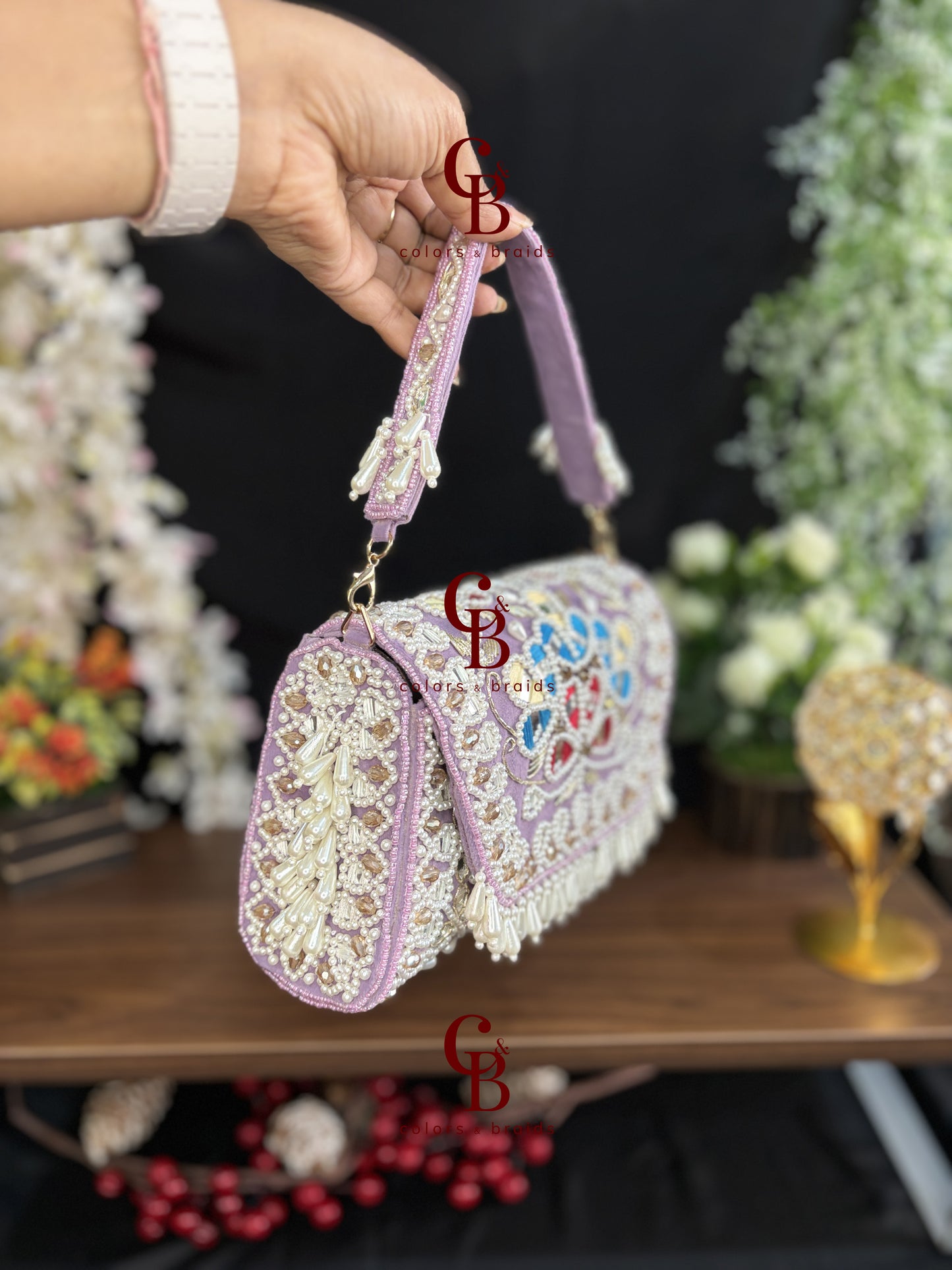 Handcrafted Mirror and Pearl Embellished Party Sling Bag