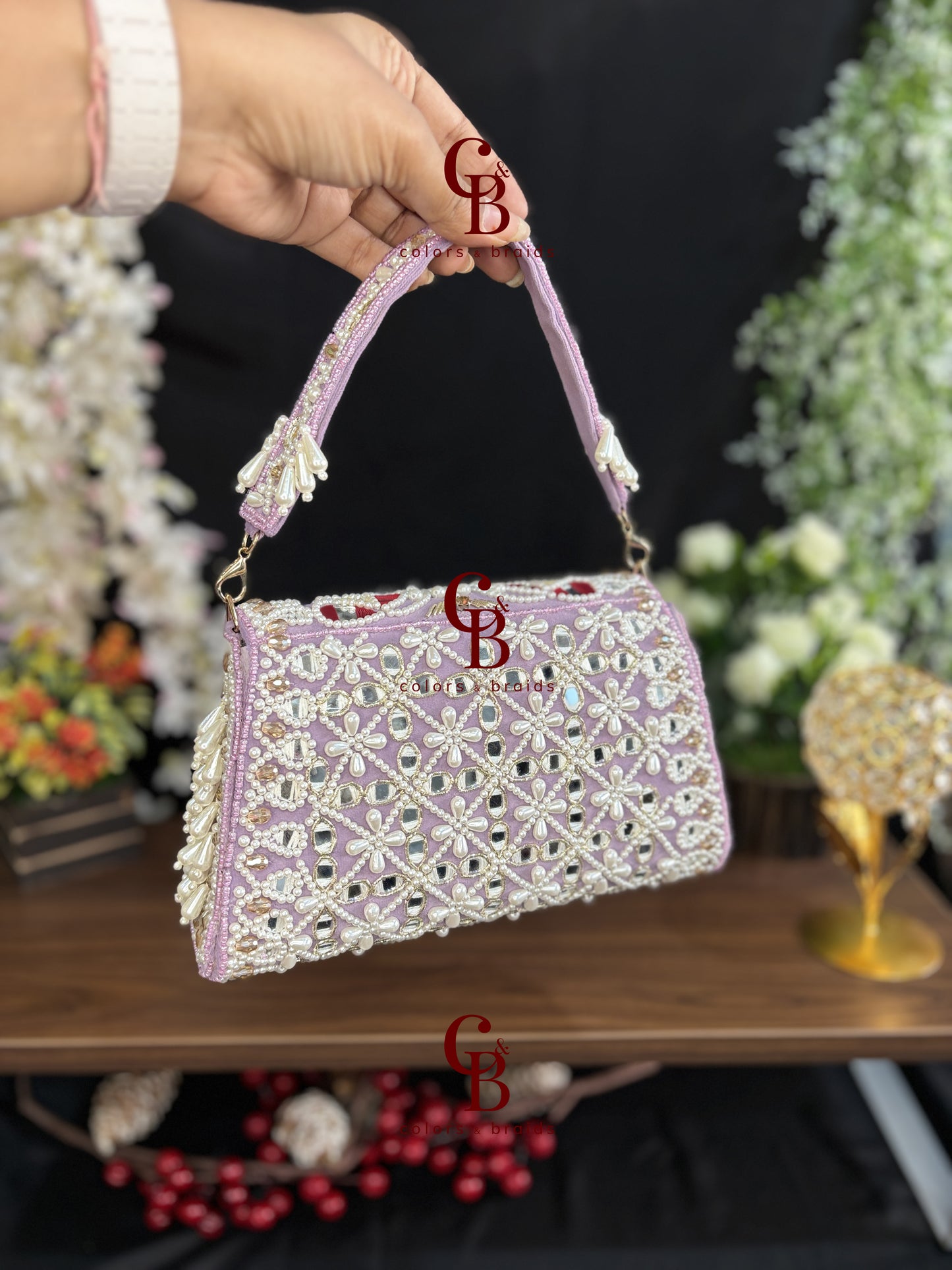 Handcrafted Mirror and Pearl Embellished Party Sling Bag