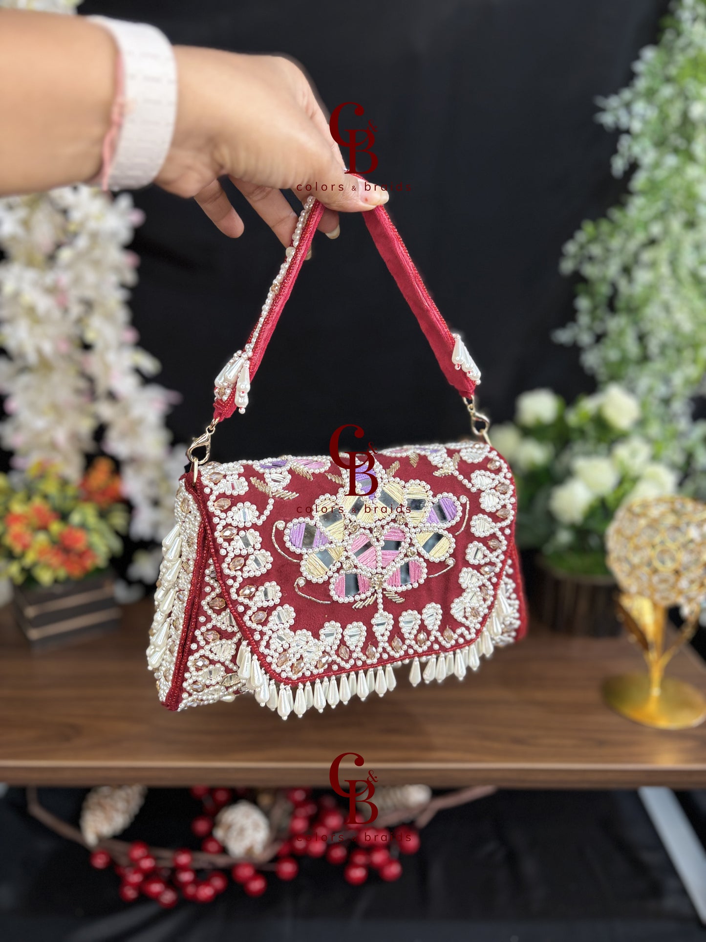 Handcrafted Mirror and Pearl Embellished Party Sling Bag
