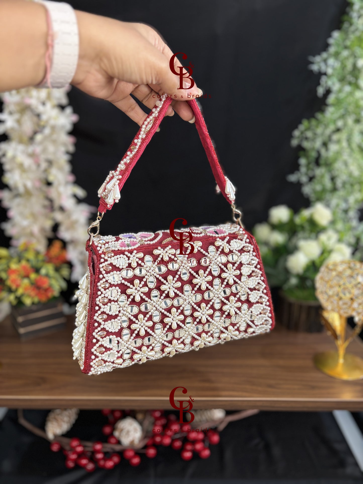 Handcrafted Mirror and Pearl Embellished Party Sling Bag