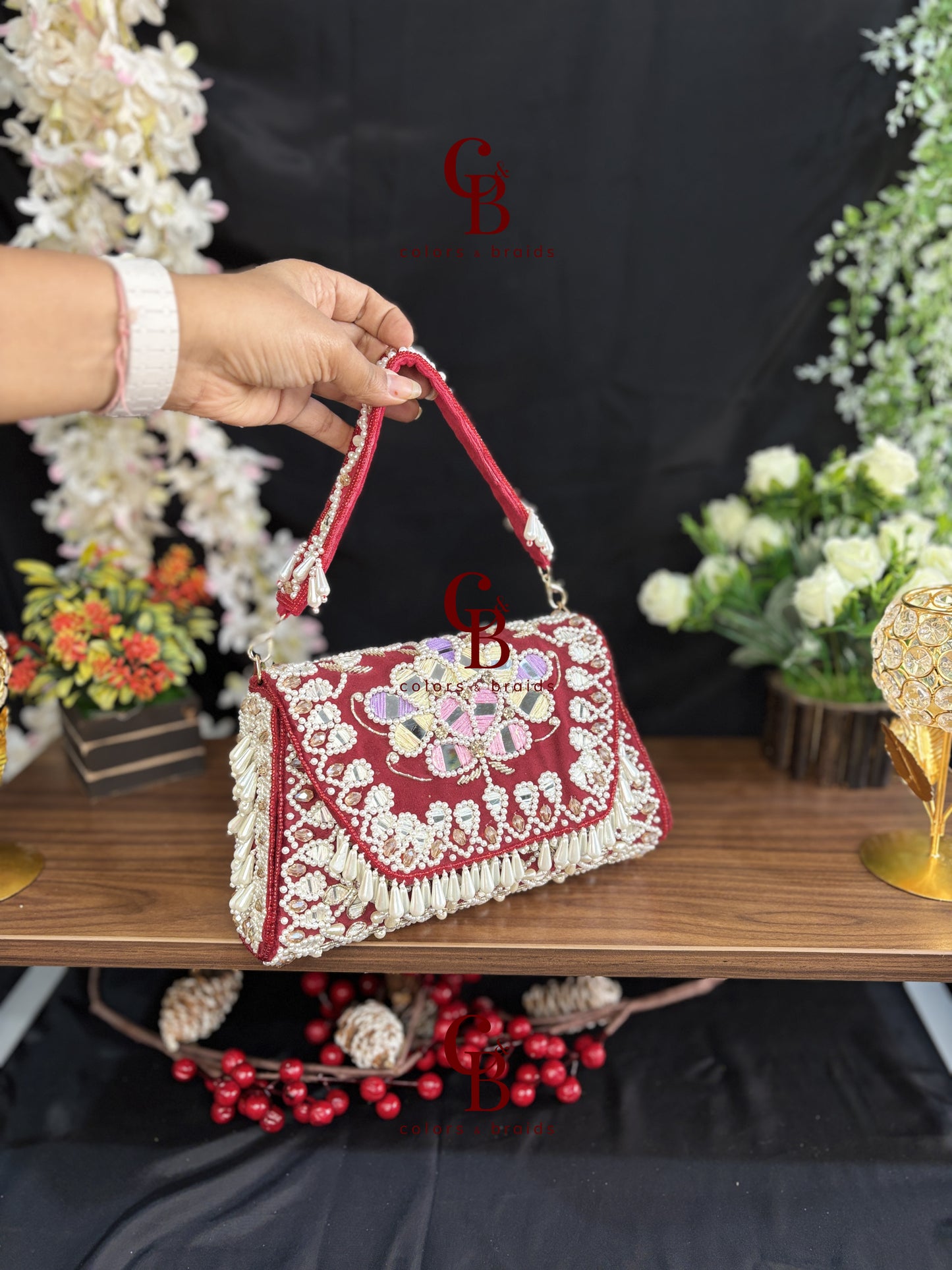 Handcrafted Mirror and Pearl Embellished Party Sling Bag