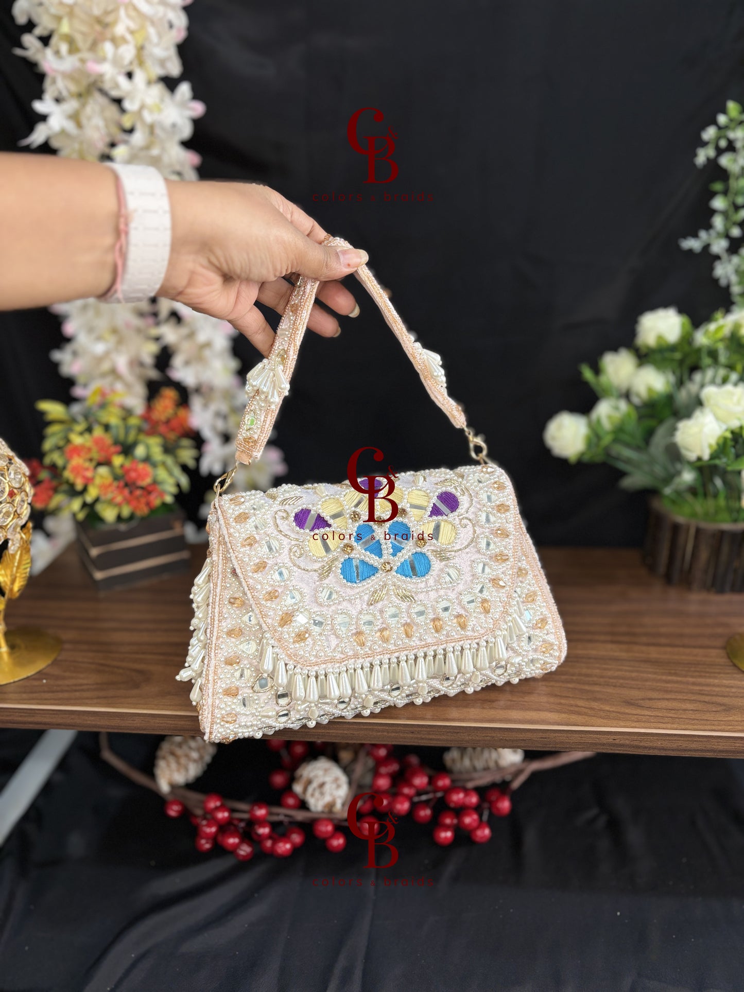 Handcrafted Mirror and Pearl Embellished Party Sling Bag
