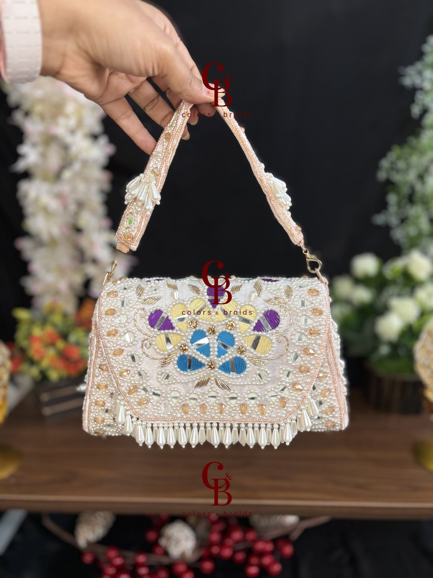 Handcrafted Mirror and Pearl Embellished Party Sling Bag