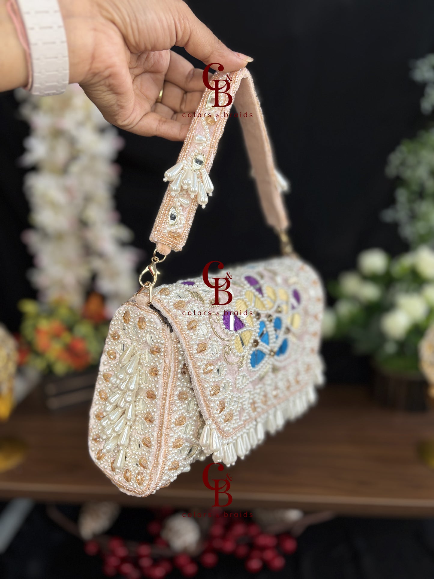 Handcrafted Mirror and Pearl Embellished Party Sling Bag