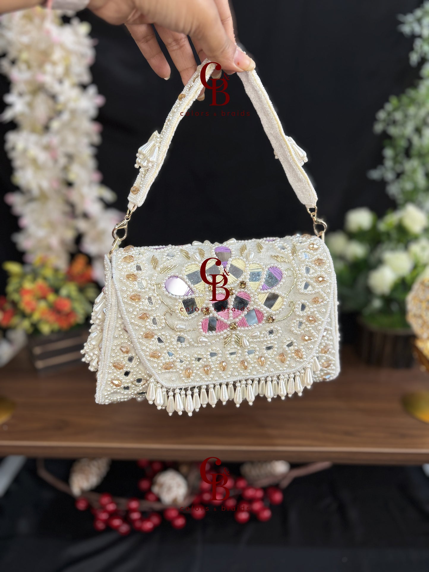 Handcrafted Mirror and Pearl Embellished Party Sling Bag