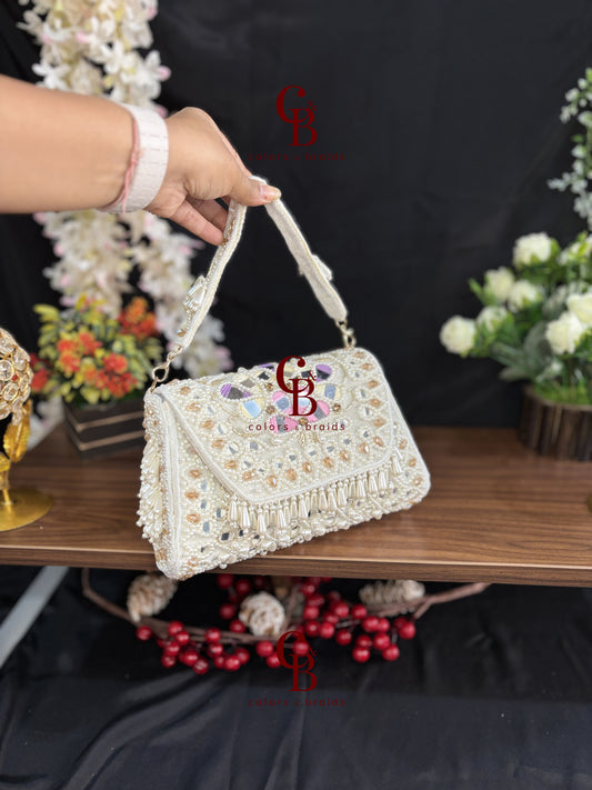 Handcrafted Mirror and Pearl Embellished Party Sling Bag