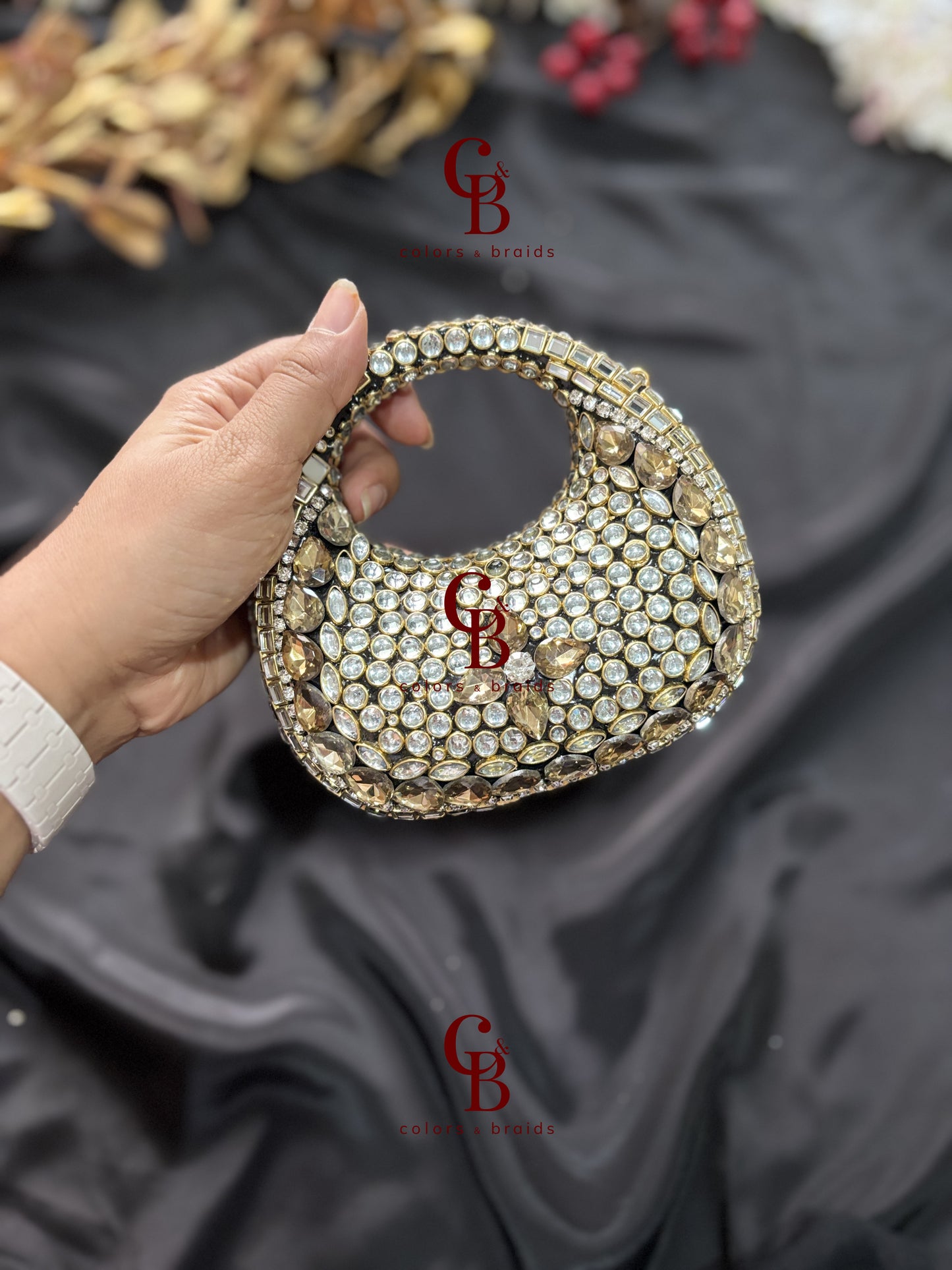 Handcrafted wedding clutch with detachable gold chain