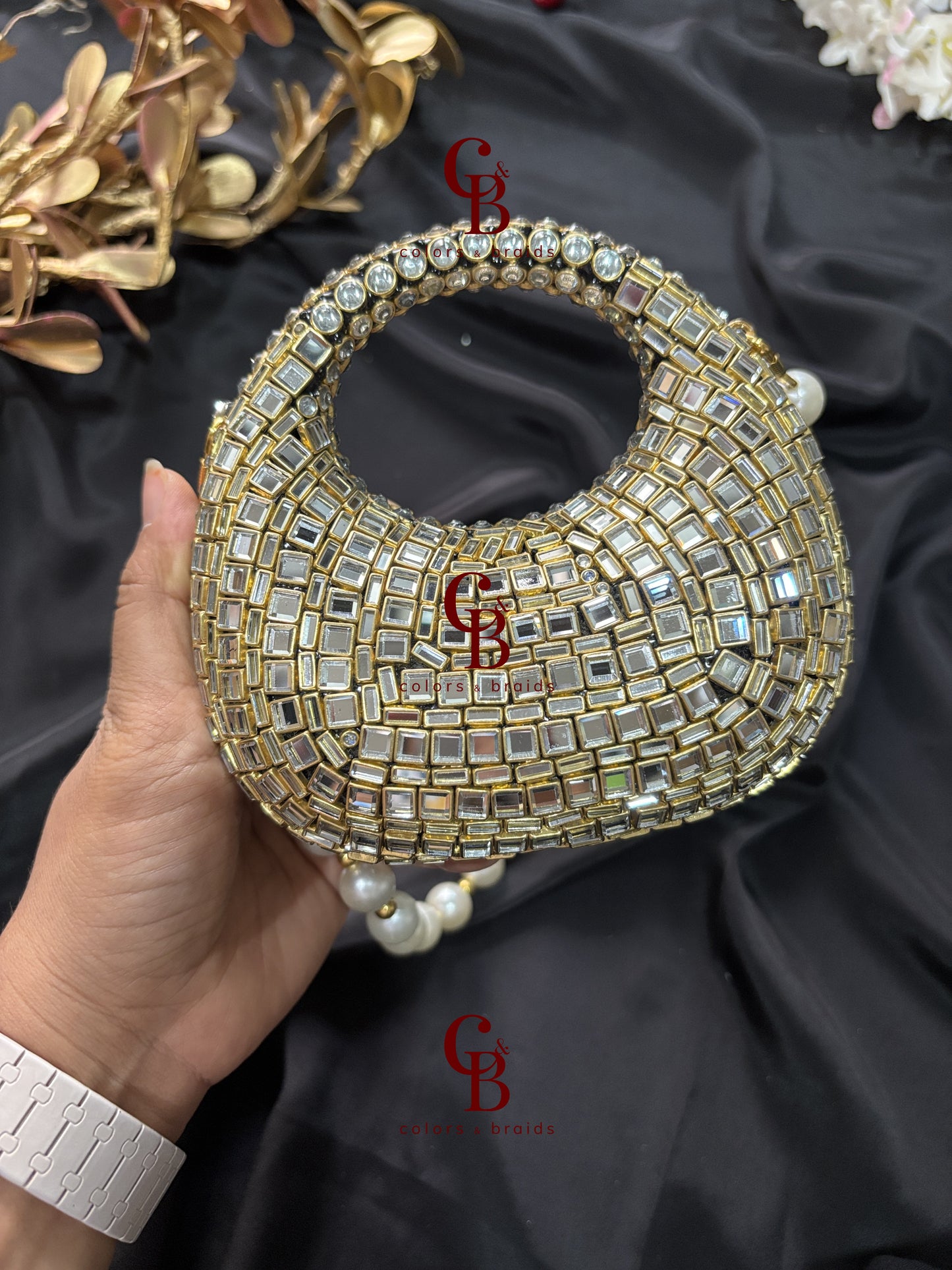  Kundan stone clutch with pearl handle