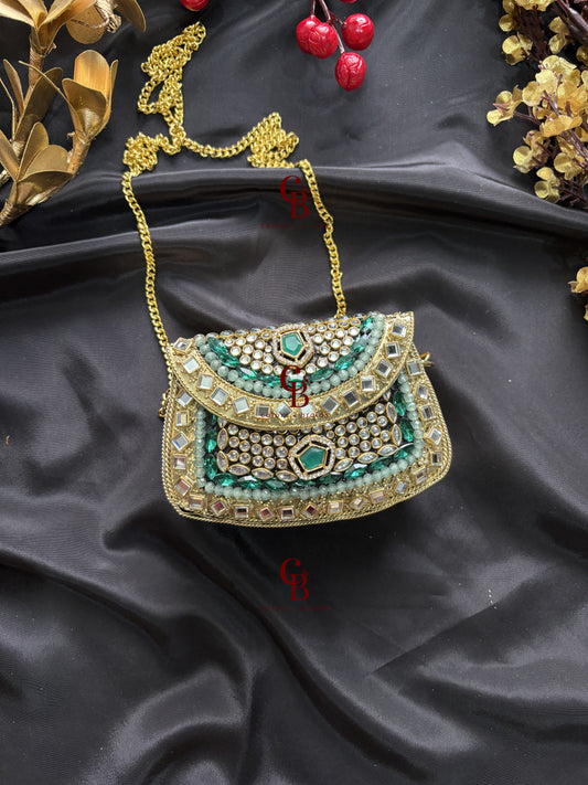 Roohi Emerald Kundan Metal Clutch