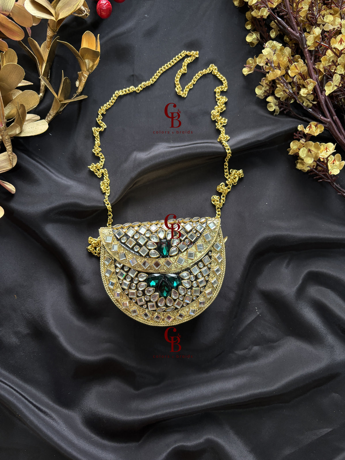 Naheeda Mini Kundan Emerald Crystals Clutch