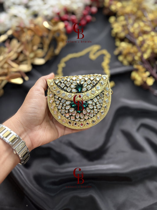 Naheeda Mini Kundan Emerald Crystals Clutch