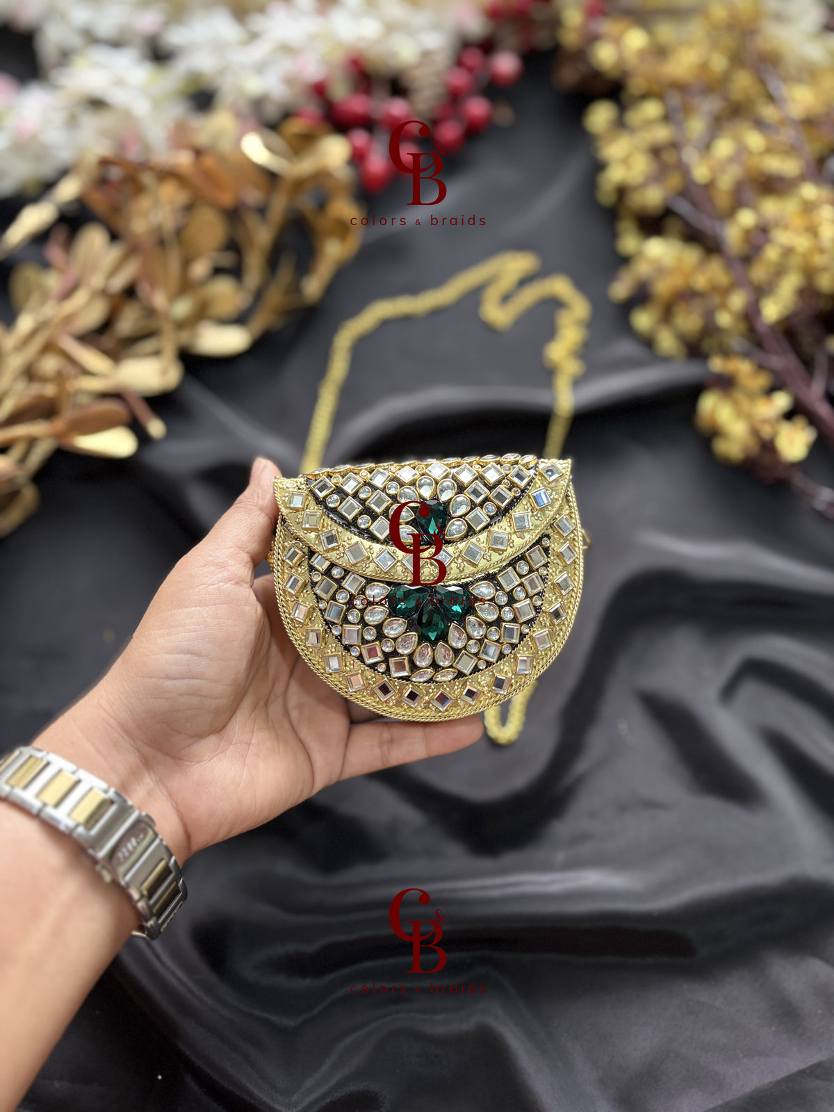 Naheeda Mini Kundan Emerald Crystals Clutch