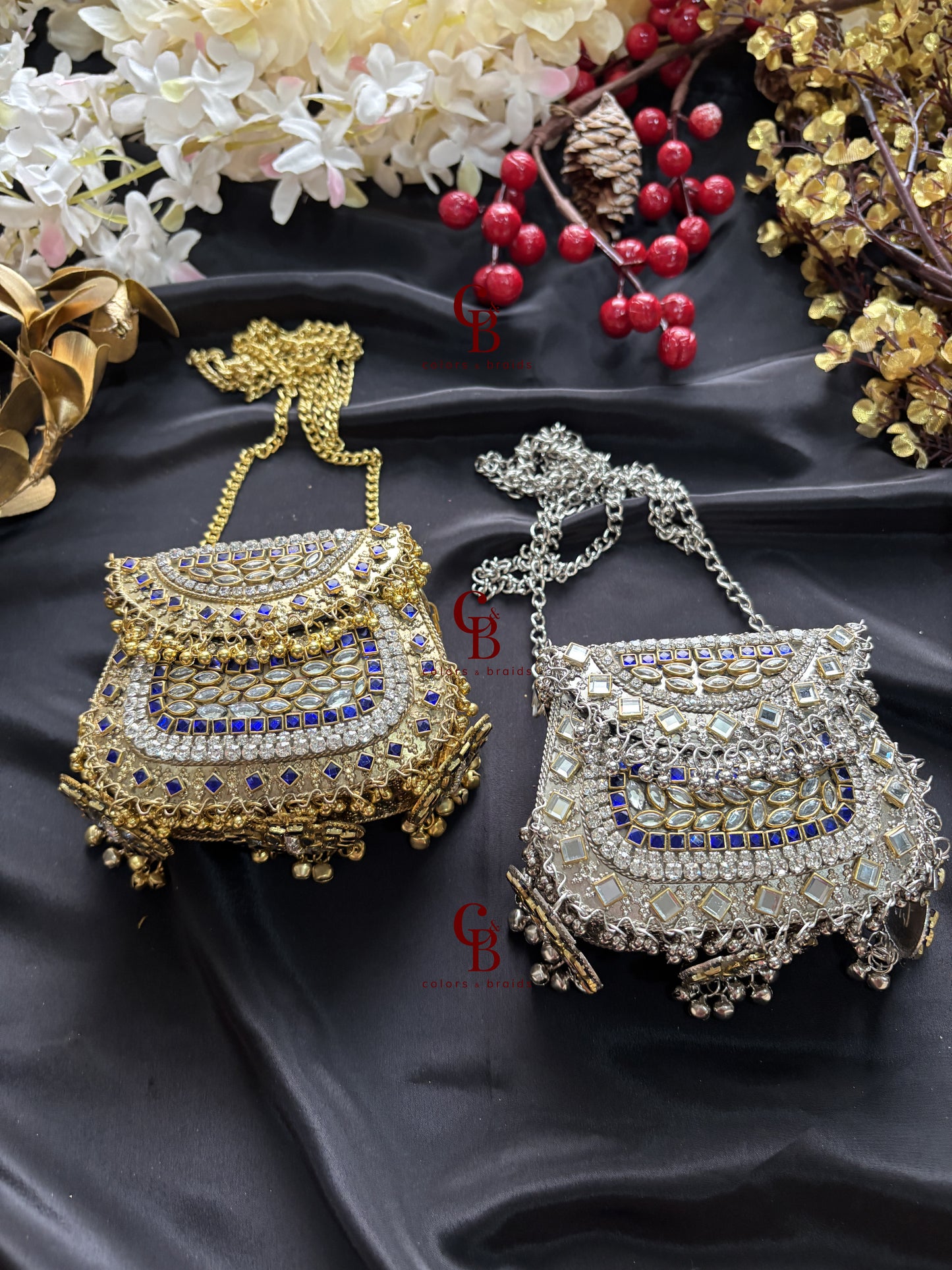 Ghungroo Kundan Clutch with Blue Stones (With Ghungroo Sound)