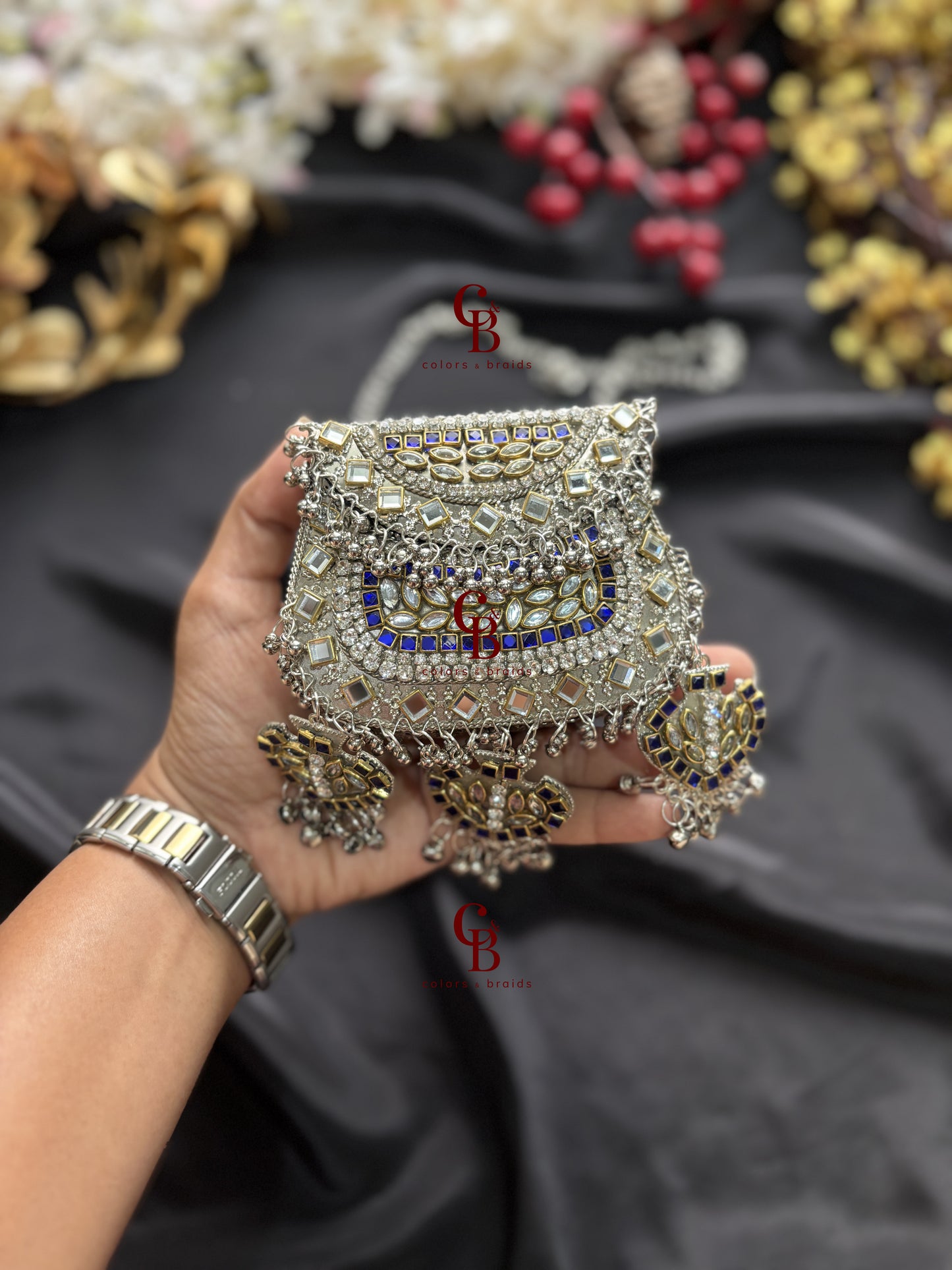 Ghungroo Kundan Clutch with Blue Stones (With Ghungroo Sound)
