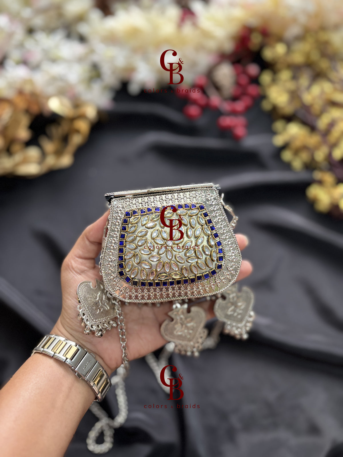 Ghungroo Kundan Clutch with Blue Stones (With Ghungroo Sound)