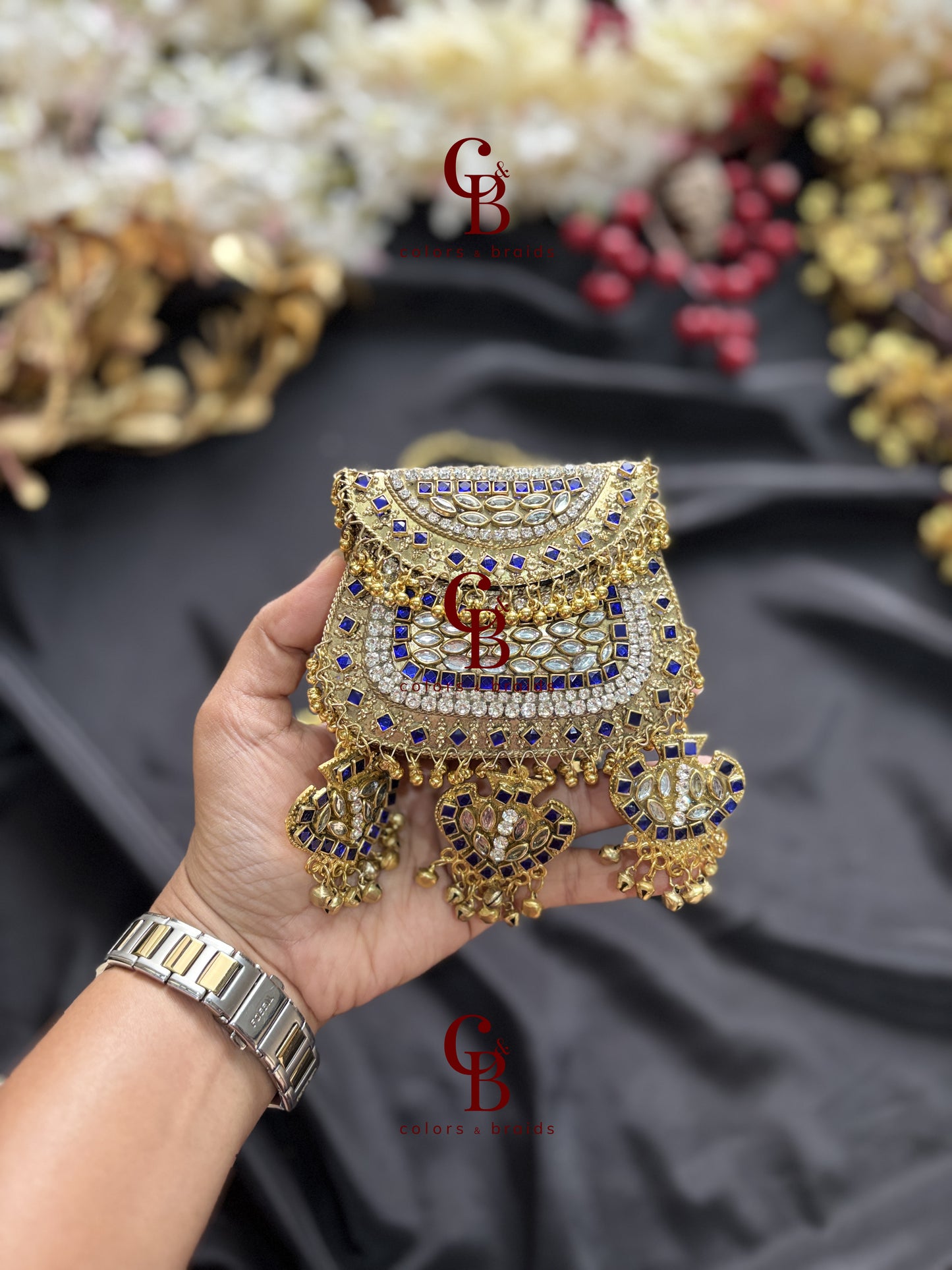 Ghungroo Kundan Clutch with Blue Stones (With Ghungroo Sound)
