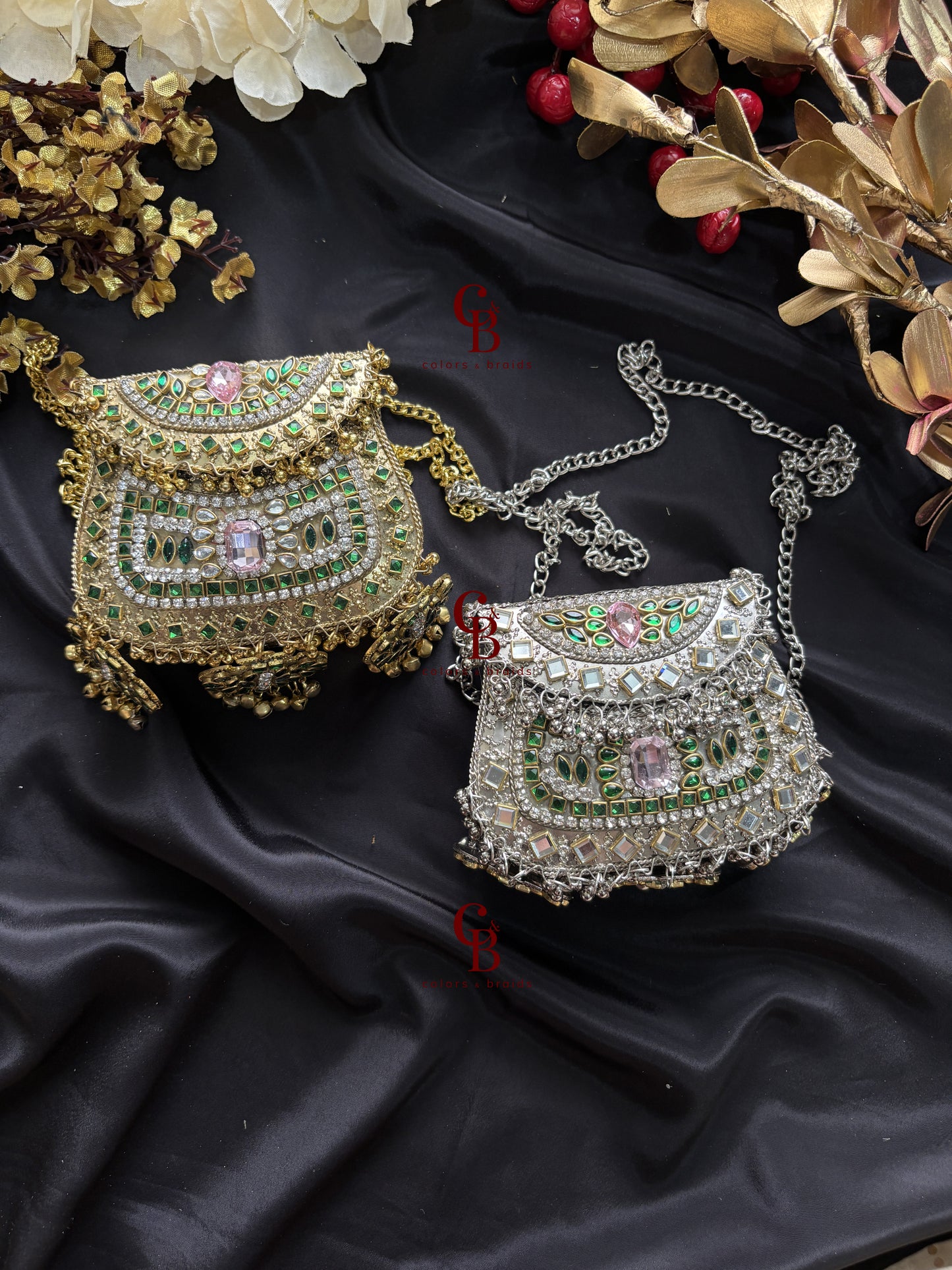 Pink and Green Ghungroo Kundan Clutch with (With Ghungroo Sound)