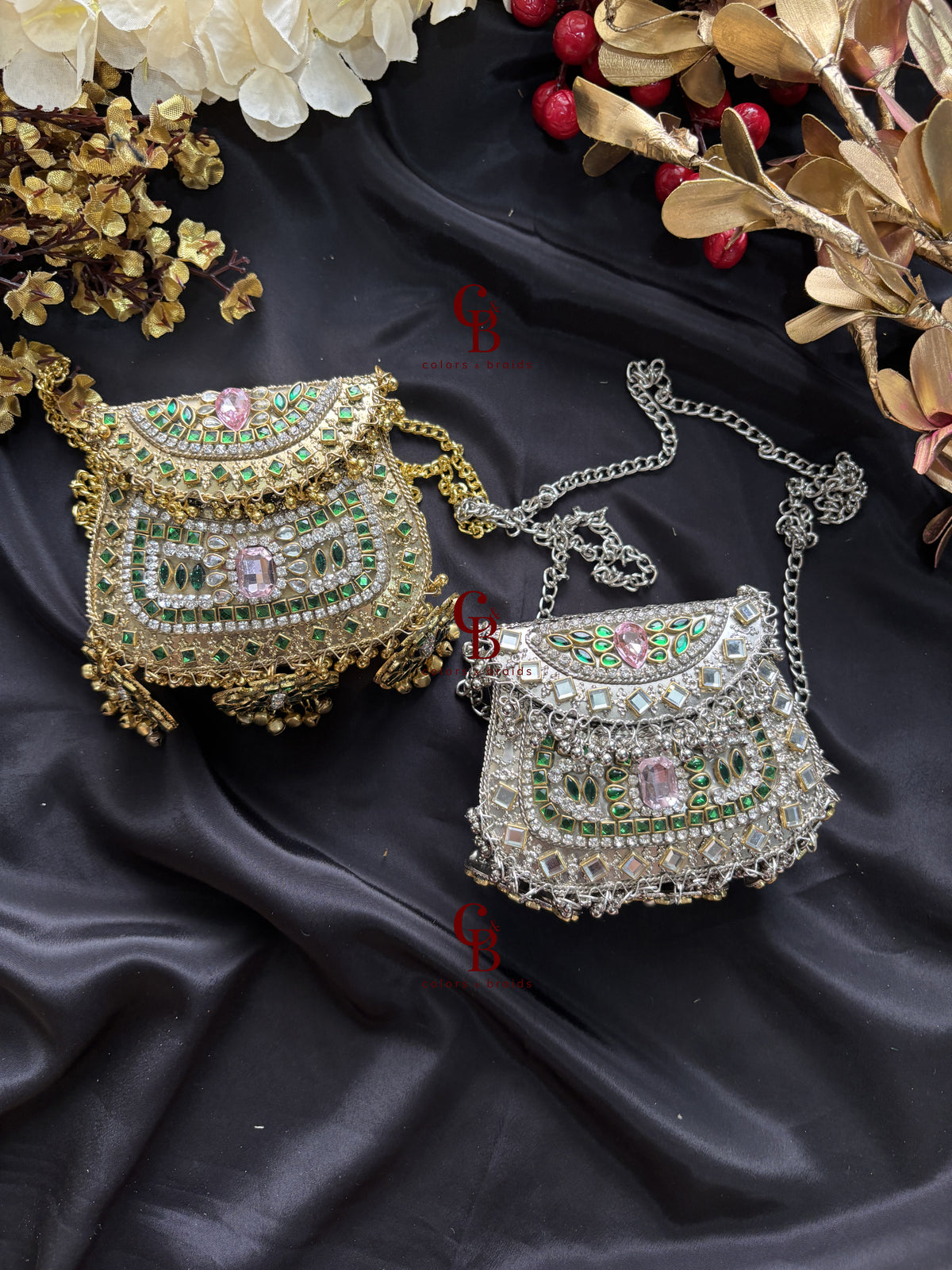 Pink and Green Ghungroo Kundan Clutch with (With Ghungroo Sound)