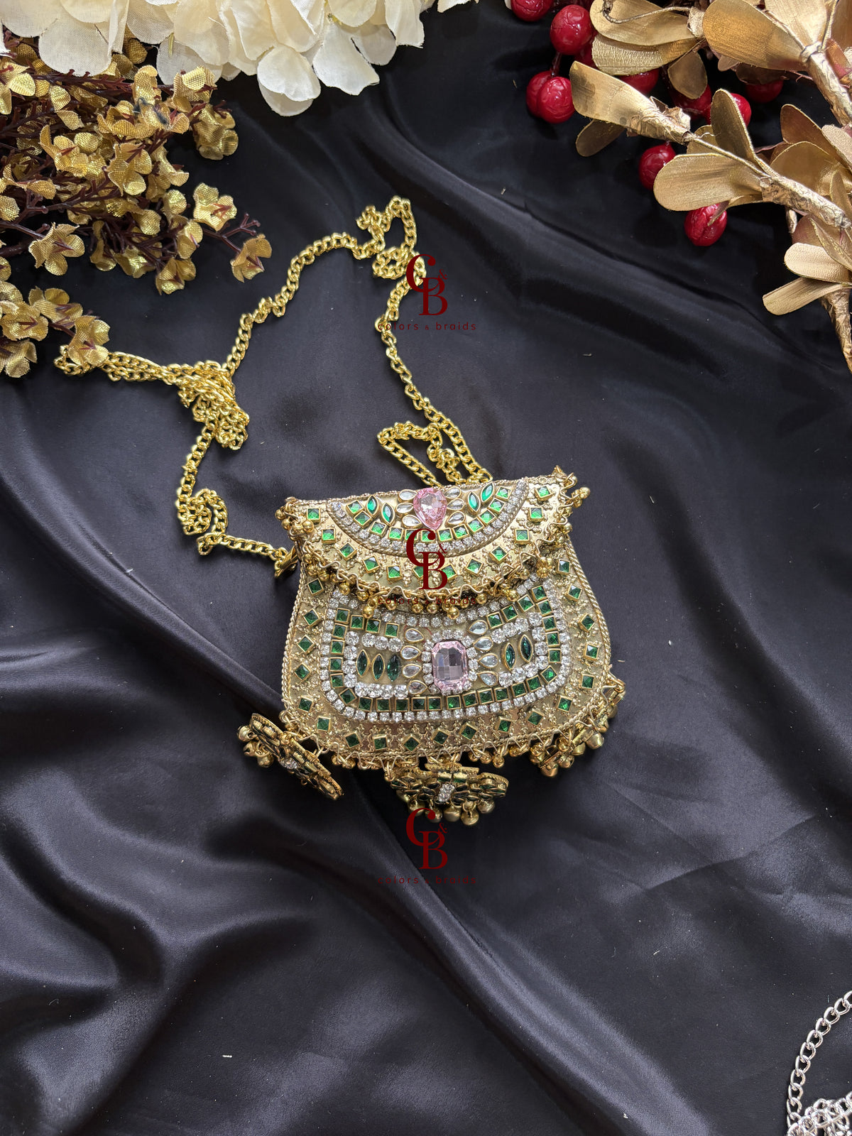 Pink and Green Ghungroo Kundan Clutch with (With Ghungroo Sound)