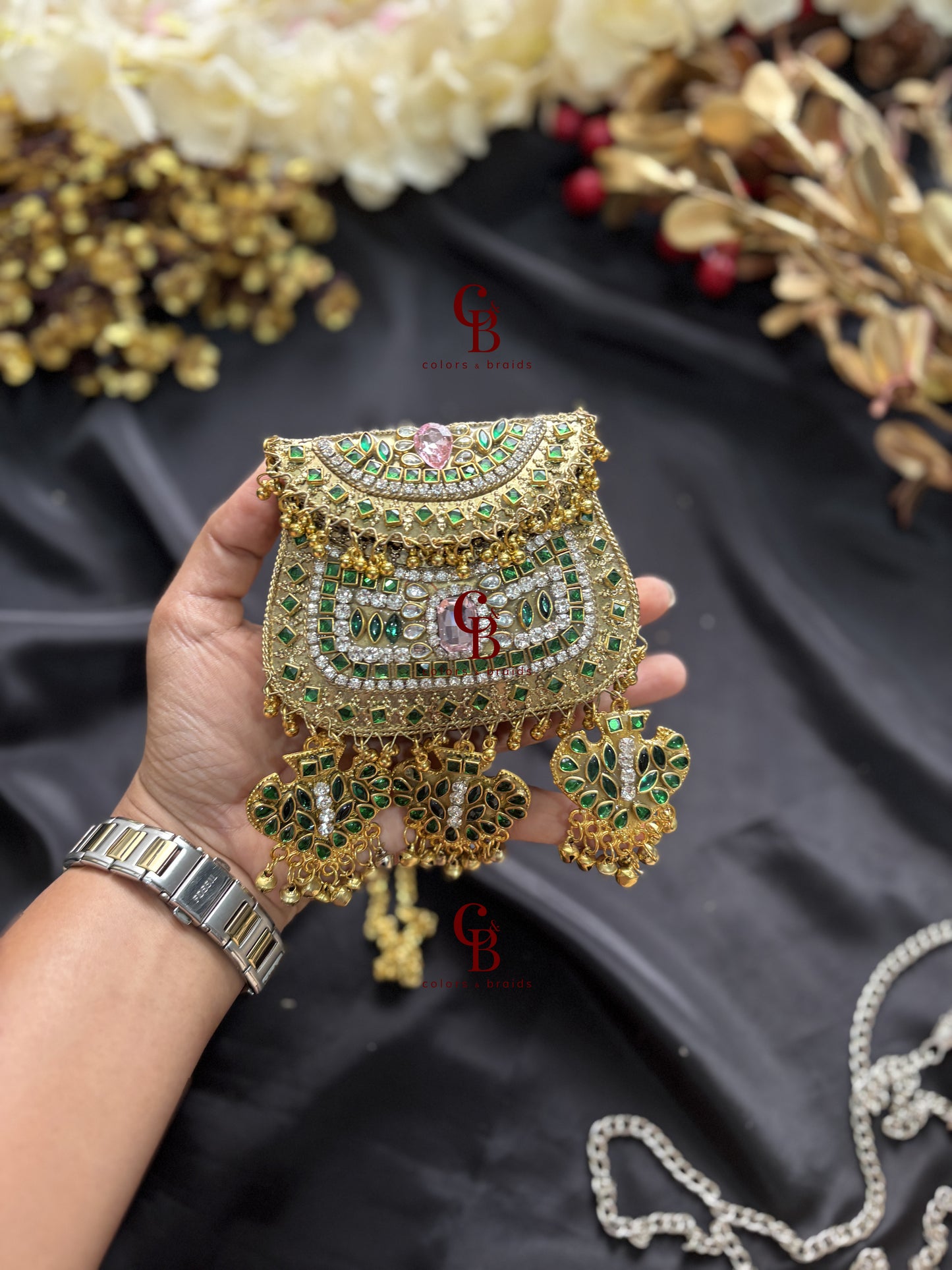 Pink and Green Ghungroo Kundan Clutch with (With Ghungroo Sound)