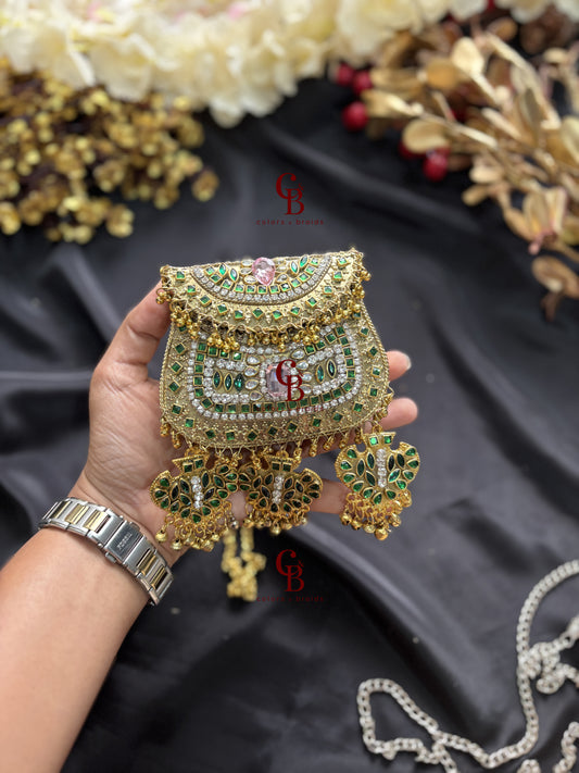 Pink and Green Ghungroo Kundan Clutch with (With Ghungroo Sound)