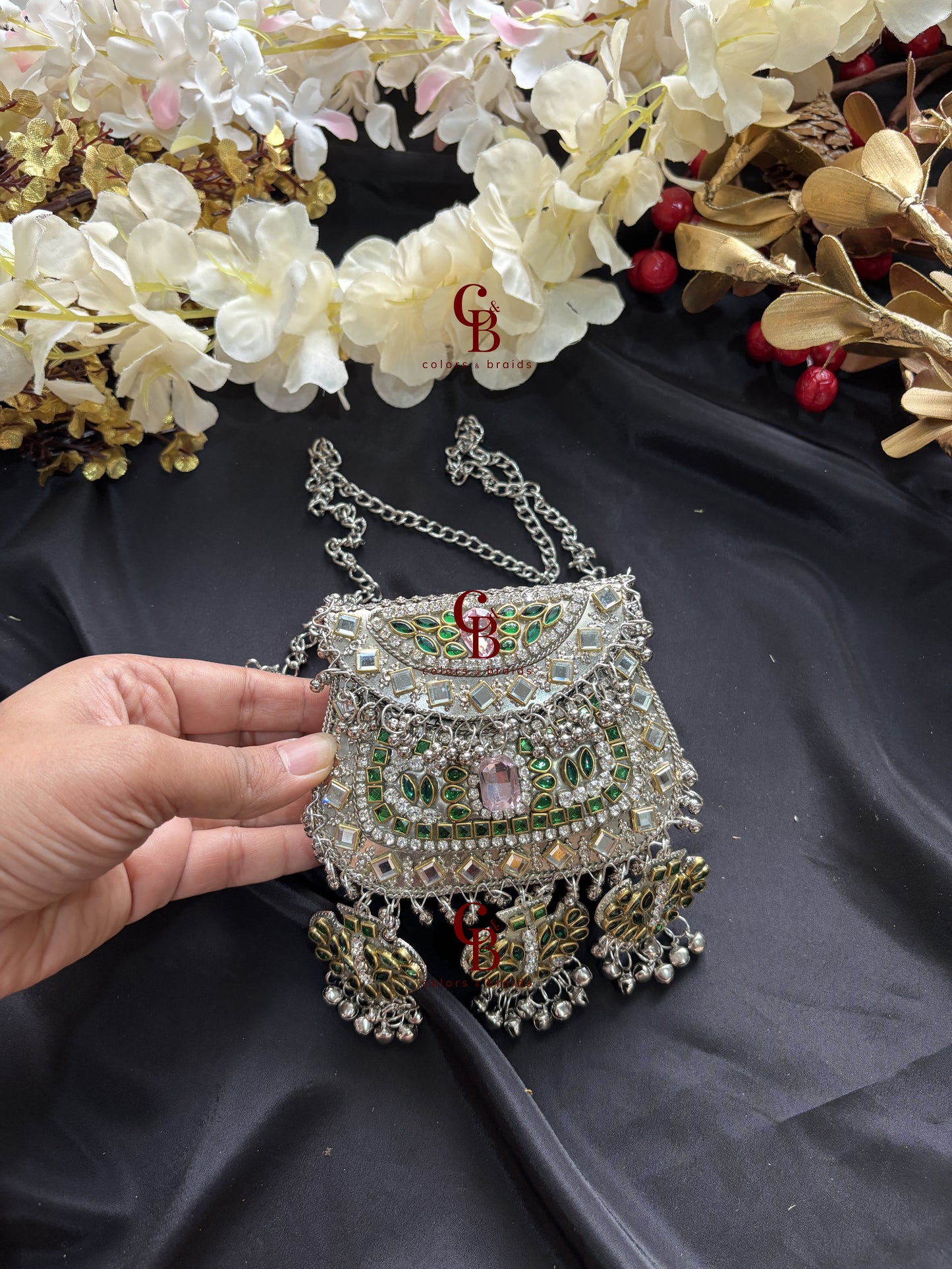 Pink and Green Ghungroo Kundan Clutch with (With Ghungroo Sound)