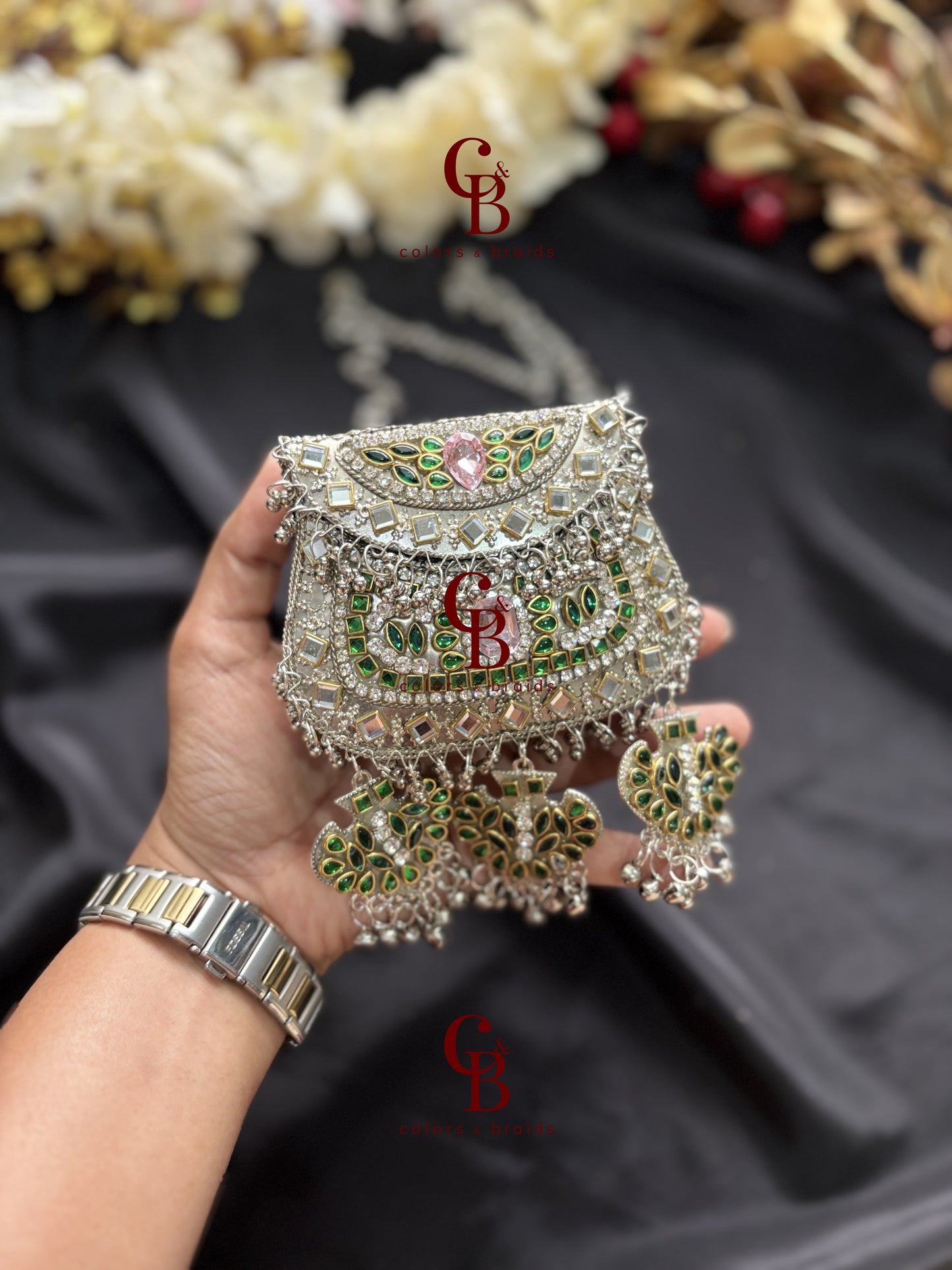 Pink and Green Ghungroo Kundan Clutch with (With Ghungroo Sound)