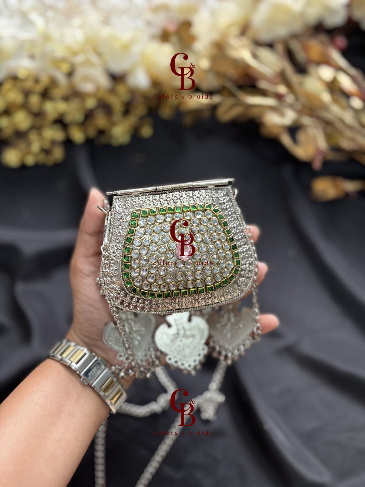 Pink and Green Ghungroo Kundan Clutch with (With Ghungroo Sound)