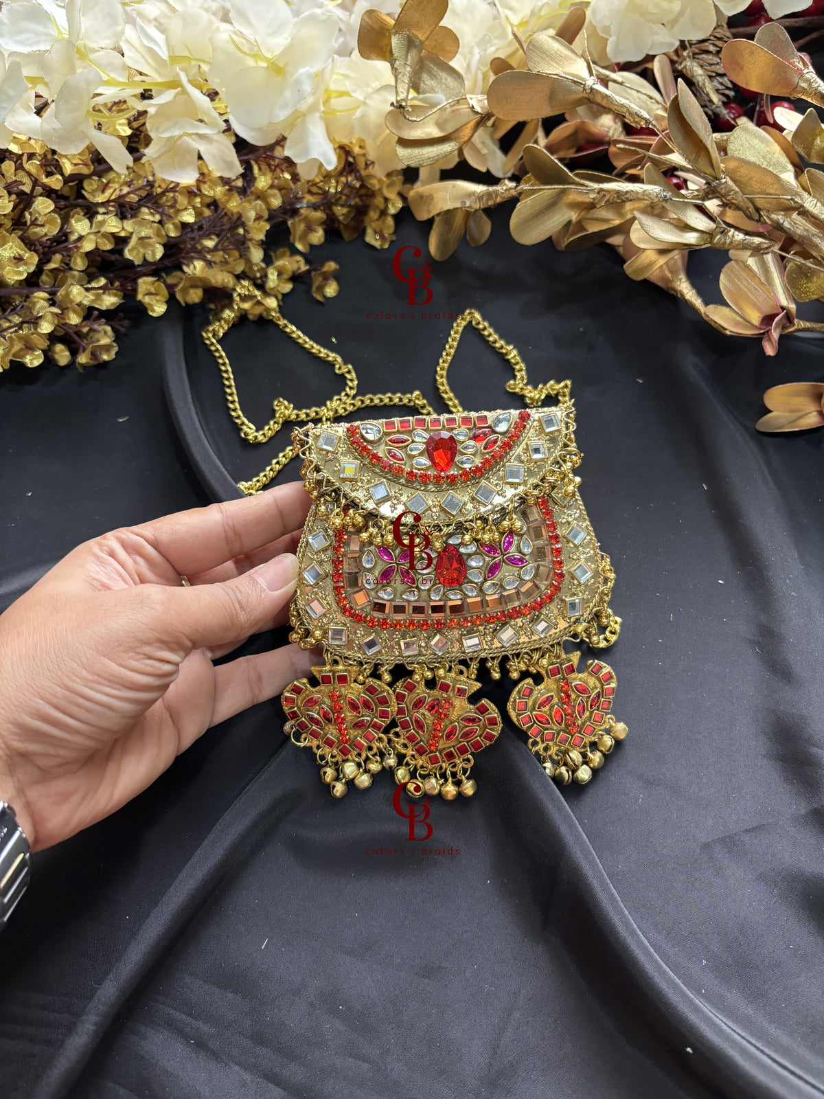 Pink Red Kundan and Crystal Ghungroo Clutch (With Ghungroo Sound)