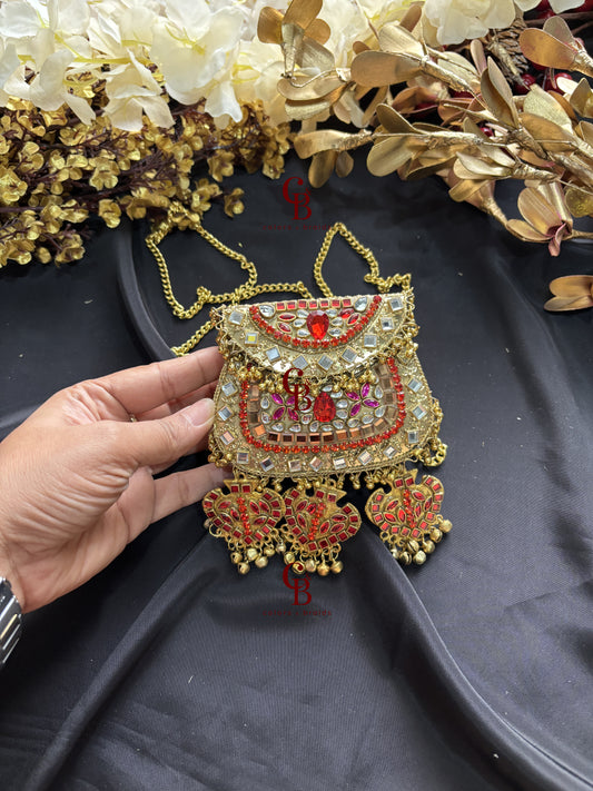 Pink Red Kundan and Crystal Ghungroo Clutch (With Ghungroo Sound)