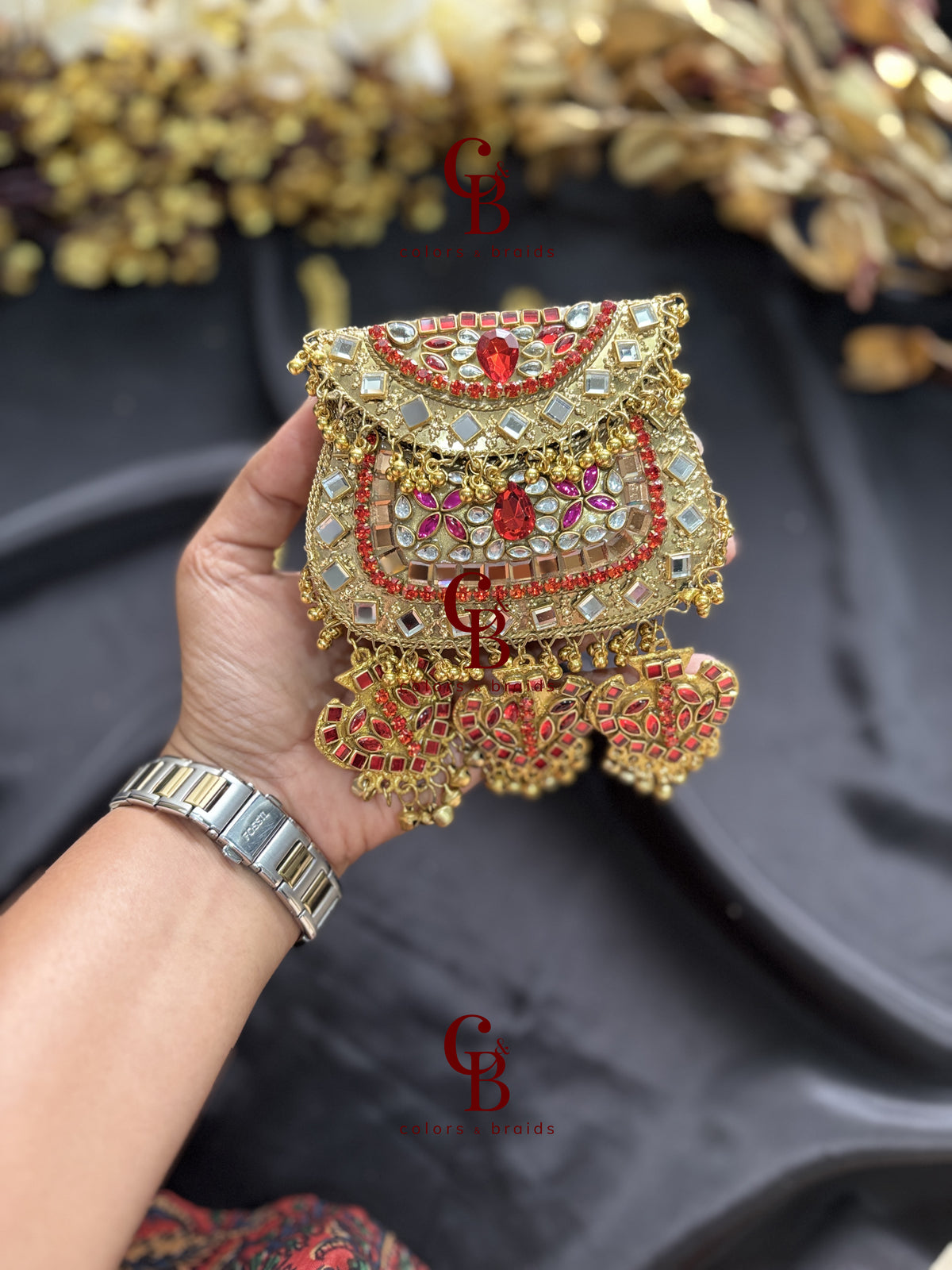 Pink Red Kundan and Crystal Ghungroo Clutch (With Ghungroo Sound)