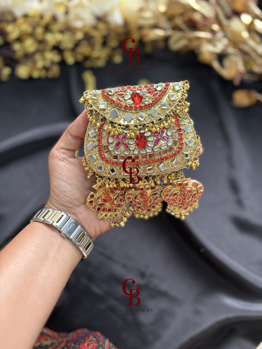 Pink Red Kundan and Crystal Ghungroo Clutch (With Ghungroo Sound)