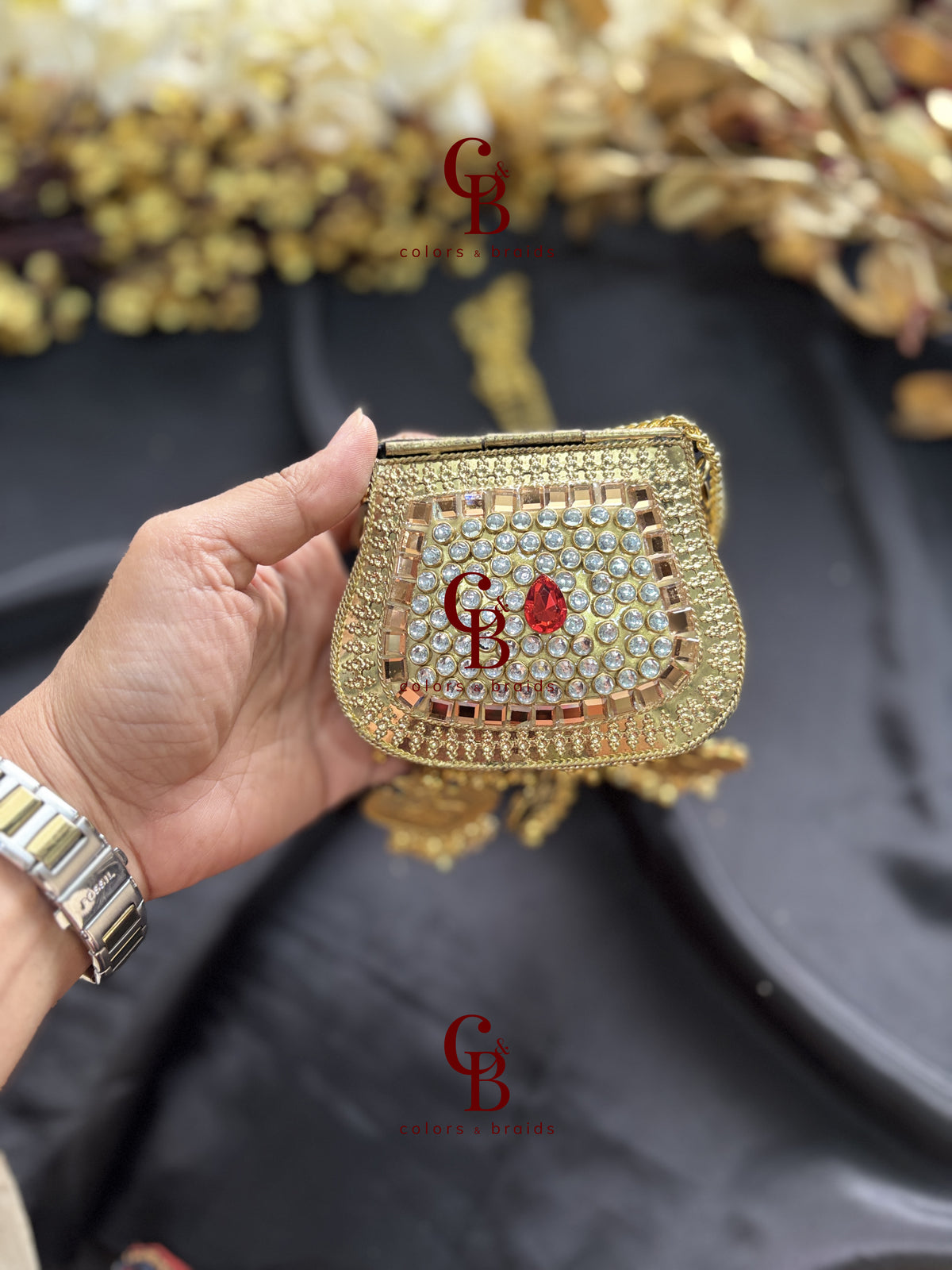 Pink Red Kundan and Crystal Ghungroo Clutch (With Ghungroo Sound)