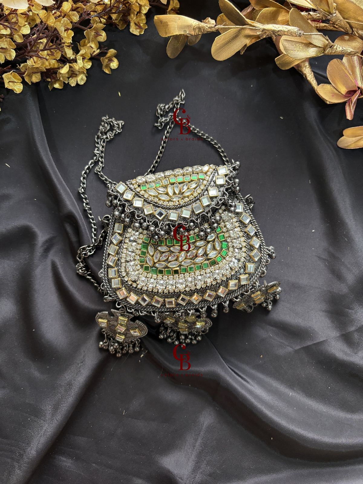 Metal Ghungroo Kundan Clutch with Grey Base