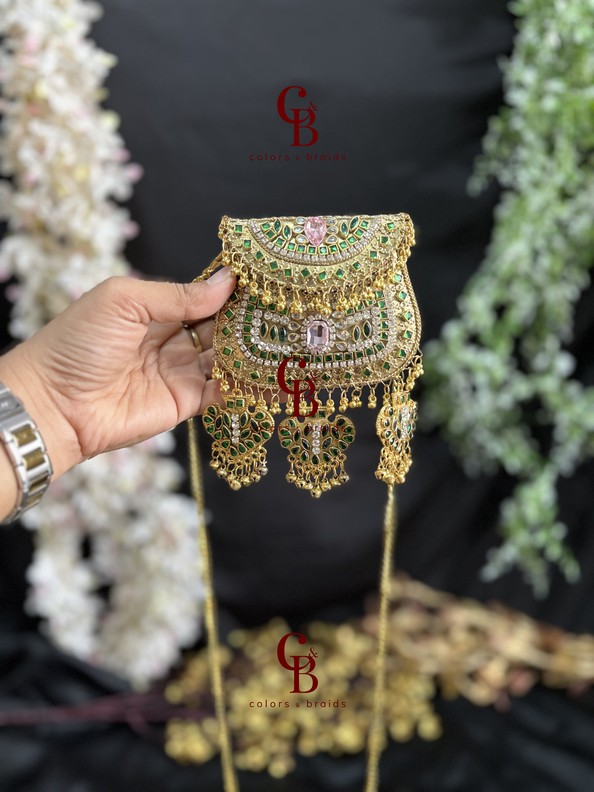 Pink and Green Ghungroo Kundan Clutch with (With Ghungroo Sound)